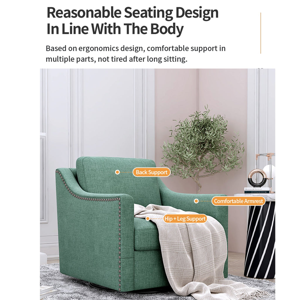 Accent Chair Swivel 360 Degree Linen Blackish Green Brass Nailheads 300 LB
