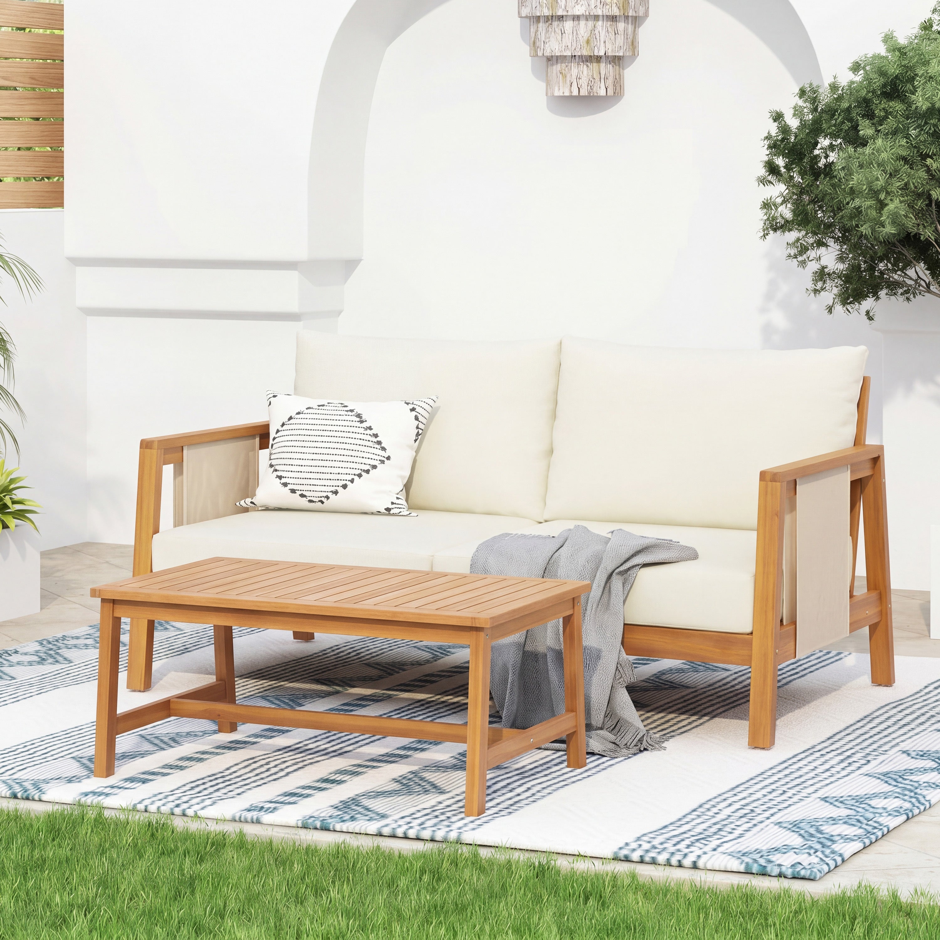 Outdoor Sofa Set Acacia Wood Teak Textilene Beige Cushion 2 Piece