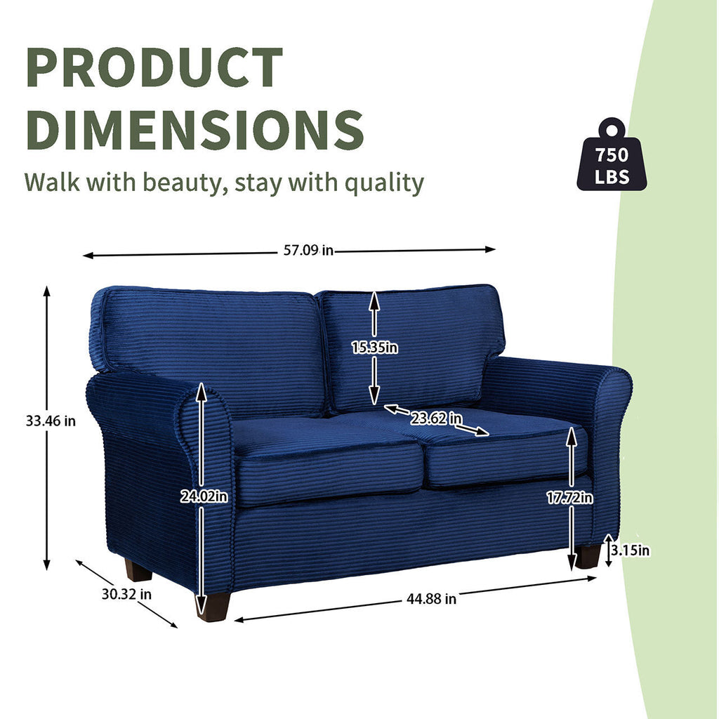 Loveseat Modern Corduroy Blue Removable Cushions Padded Arms 57 In 375 LB