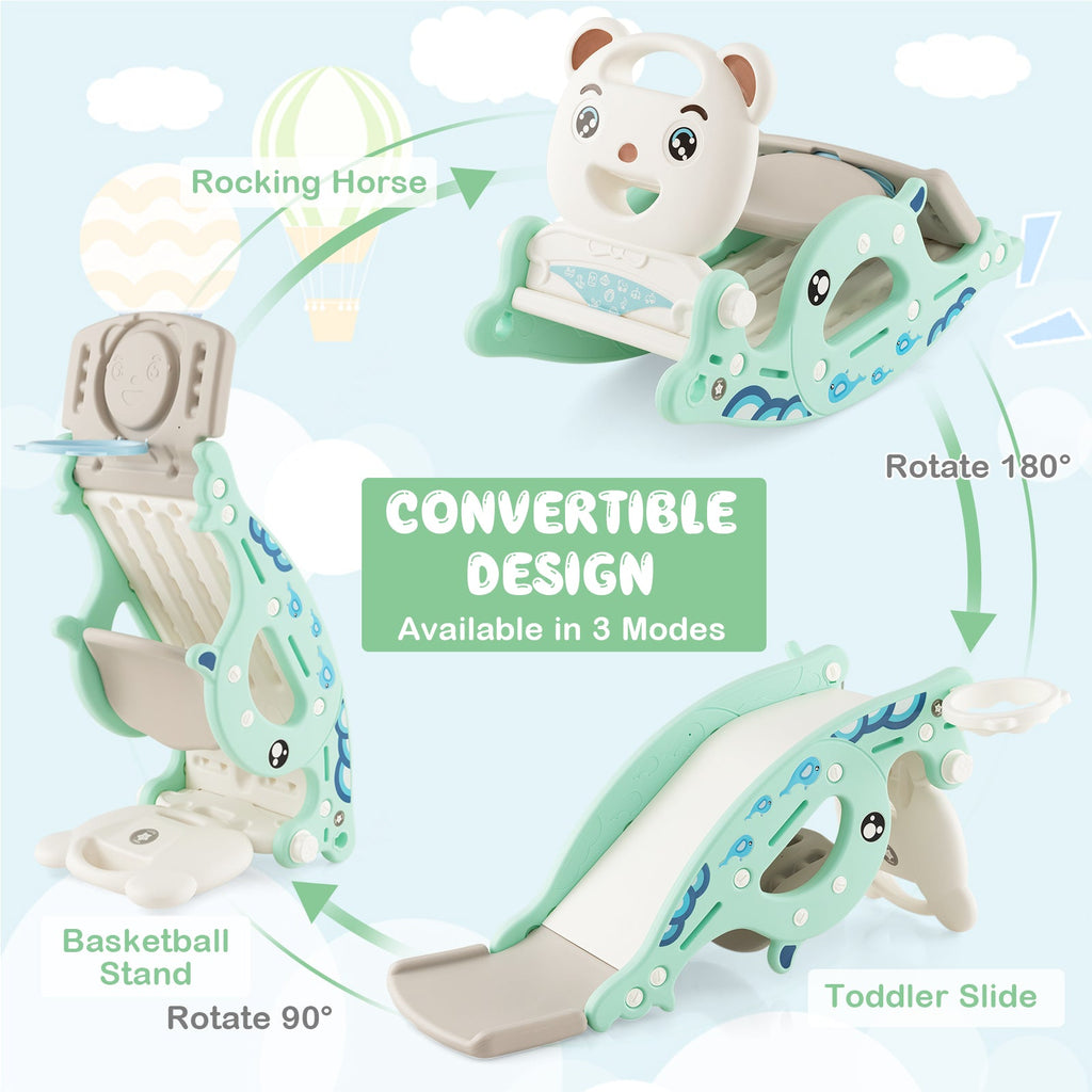 4-in-1 Kids Slide Rocking Horse with Basketball and Ring Toss