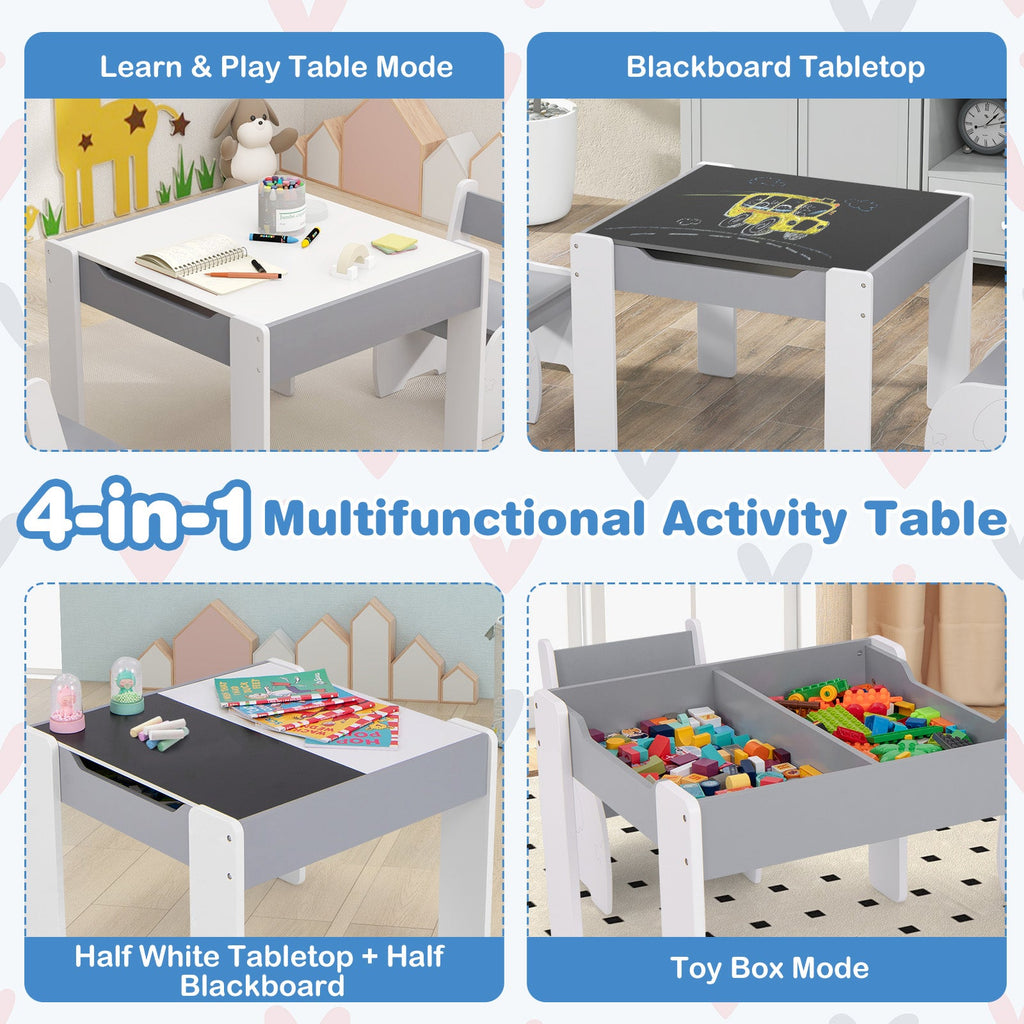 4-in-1 Wooden Activity Kids Table and Chairs with Storage and Detachable Blackboard
