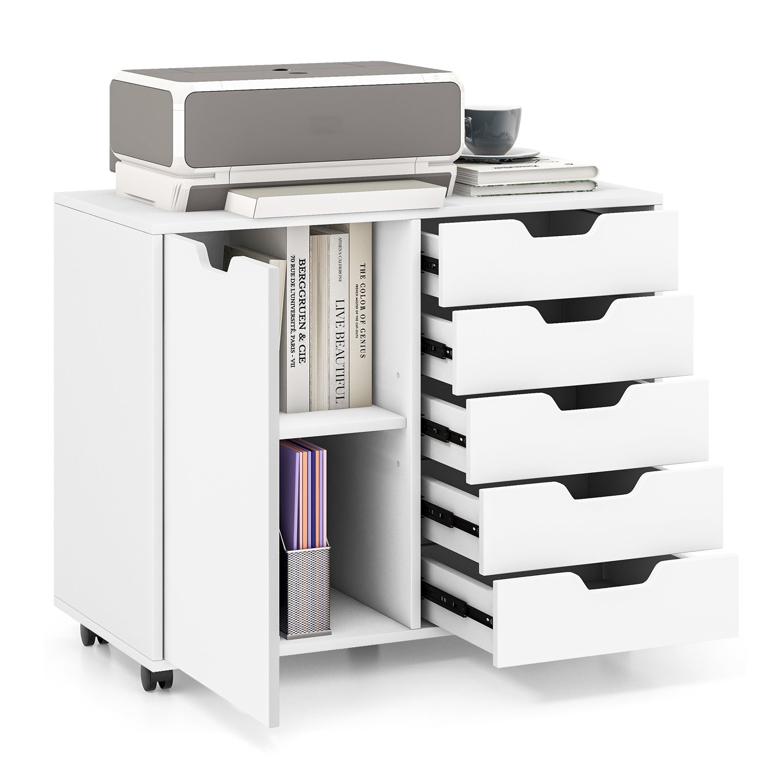 5-Drawer Dresser Chest Mobile Storage Cabinet with Door-White