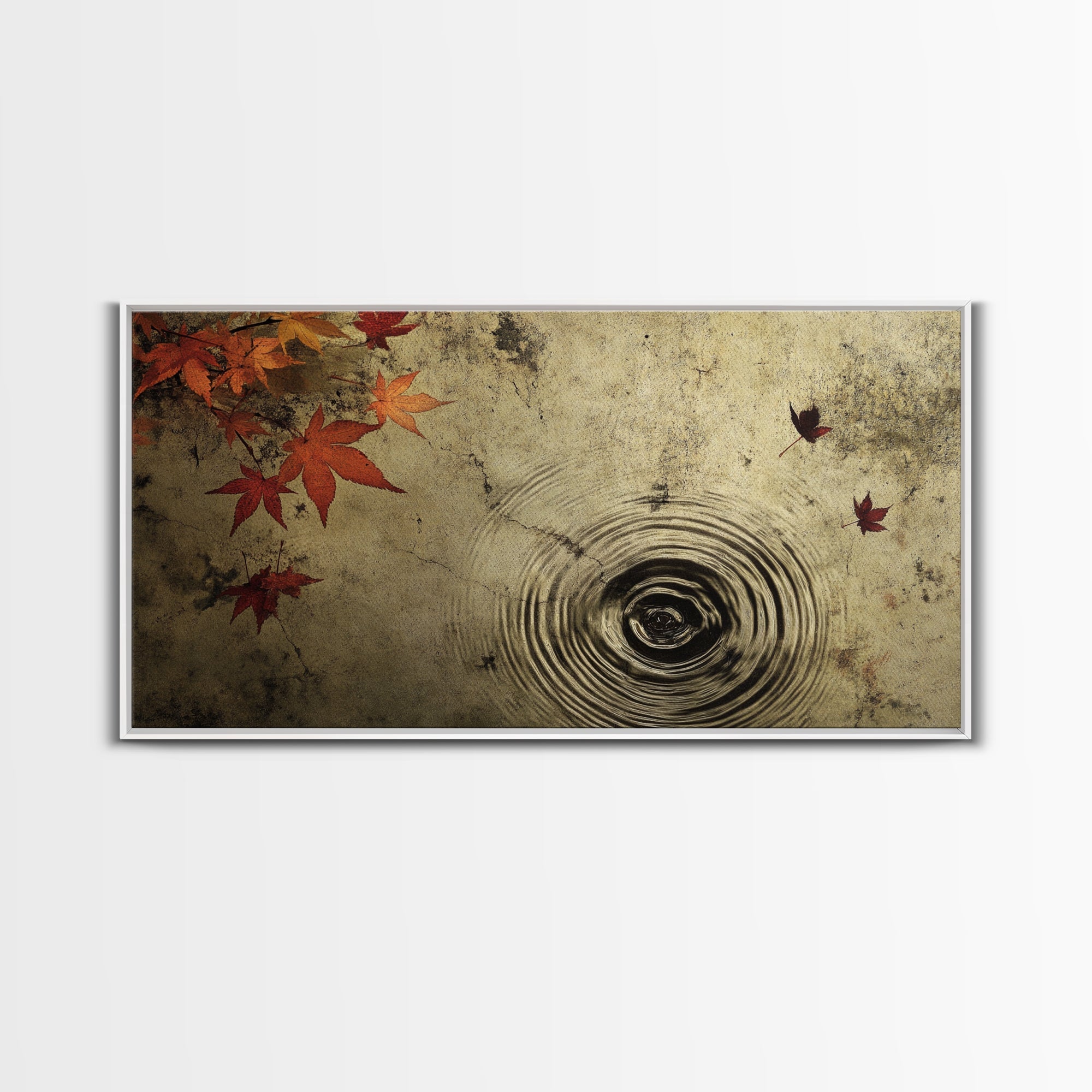 Rain Drops In The Fall, Framed Canvas Print, Thought Provoking Wall Art, Wabi Sabi Style Boho Minimalist Wall Art - Reflections