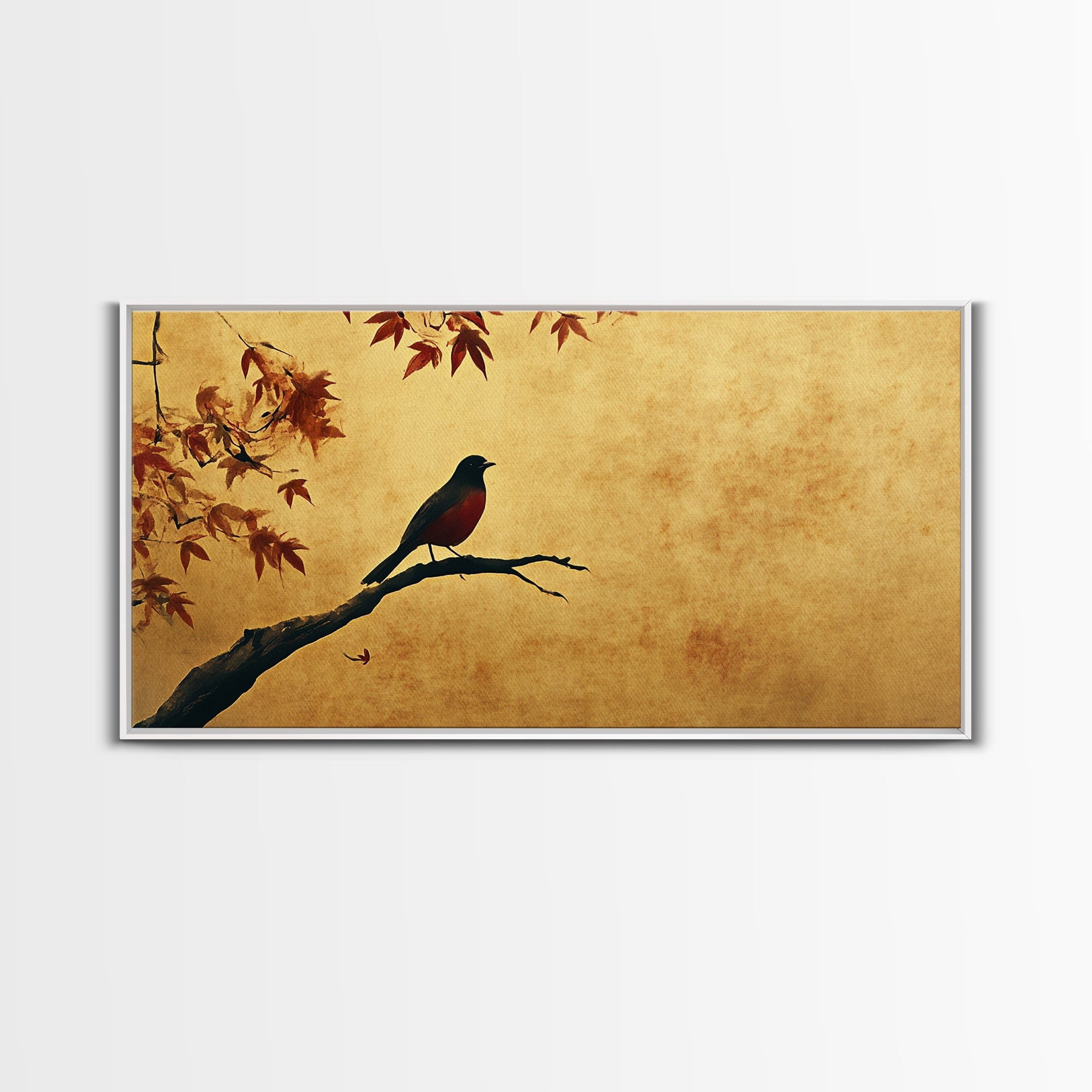 Oriole On a Maple Tree Framed Canvas Print, Vintage Home Decor, Vintage Style Wall Art, Farmhouse Decor, Wabi Sabi Art, Extra Large Art