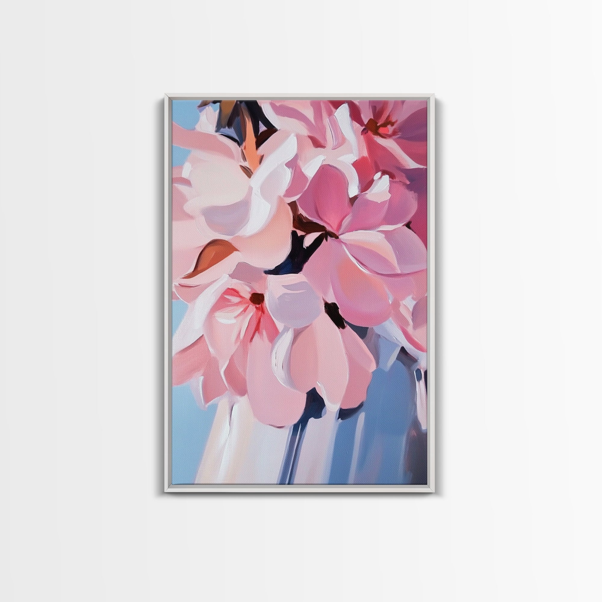 Pink Flowers, Floral Art, Spring Wall Art, Botanical Print, Framed Canvas Print, Bedroom Decor, Feminine Aesthetic, Cottagecore Style