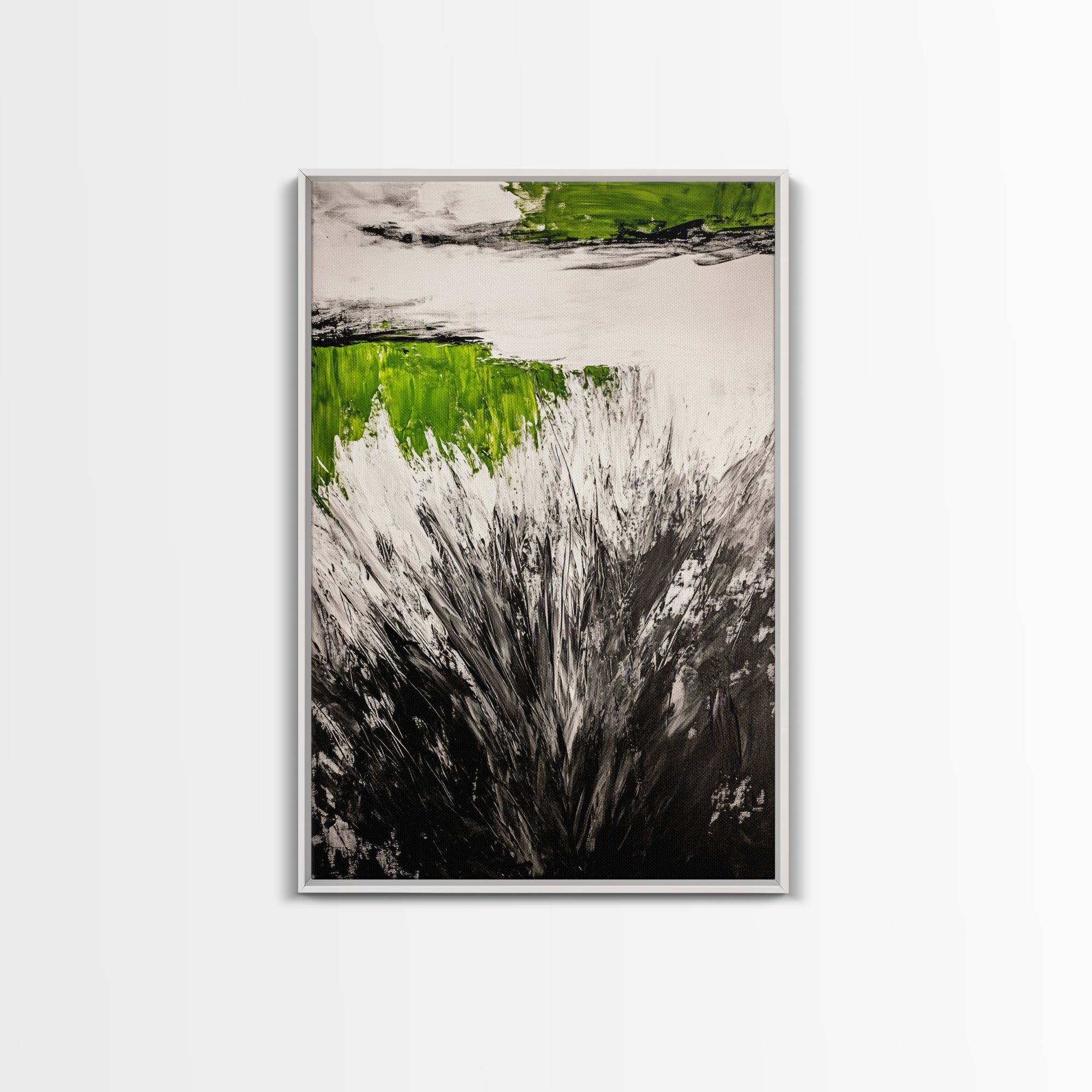 Wild Grass, Black and White with Green Accents, Abstract Nature Painting, Framed Canvas Print, Rustic Farmhouse or Living Room Decor