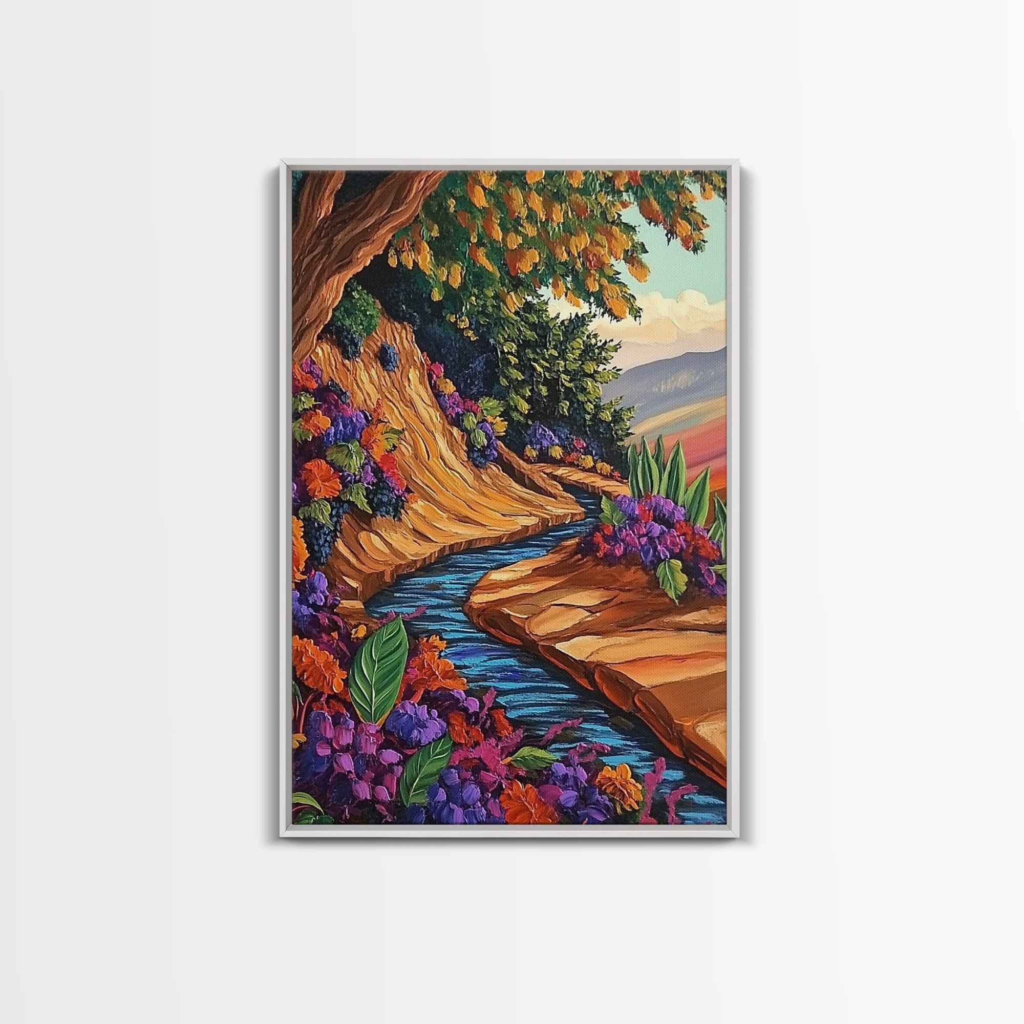 River Autumn, Pathway, Tranquility, Canvas Print, Fall forest landscape art, colorful seasonal painting, living room wall décor