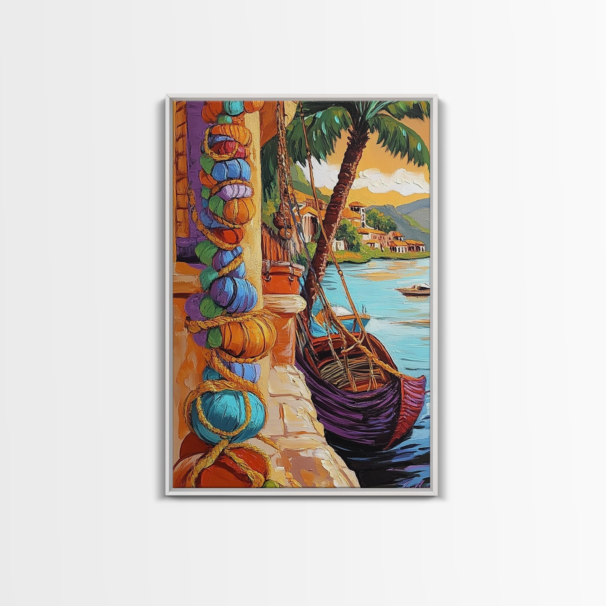 Tropical Boat, Village, Shoreline, Canvas Print, Coastal Wall Art, Vibrant Travel Scene, Boho Seaside Decor, Beach House Painting