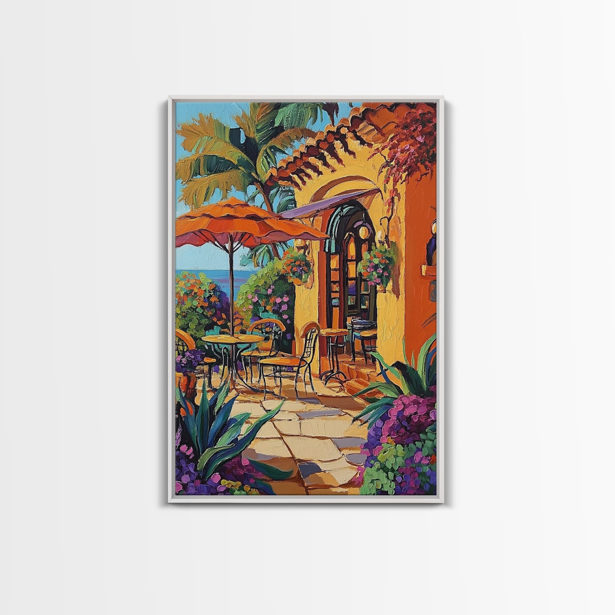 Bistro Patio, Sun, Canvas Print, Mediterranean cafe painting, kitchen wall art, outdoor charm artwork, sunny terrace decor, cozy nook print