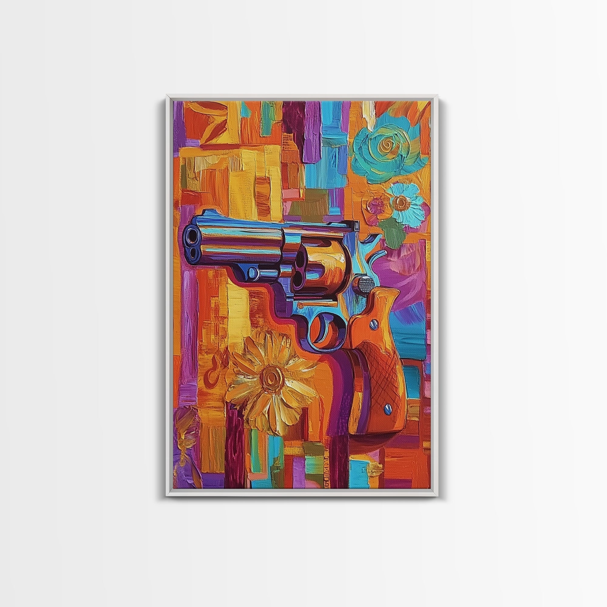 Pop Art Revolver, Bold Gun Art, Urban Wall Decor, Framed Canvas Print, Eclectic Studio Wall Art, Psychedelic Style, Colorful Abstract Art