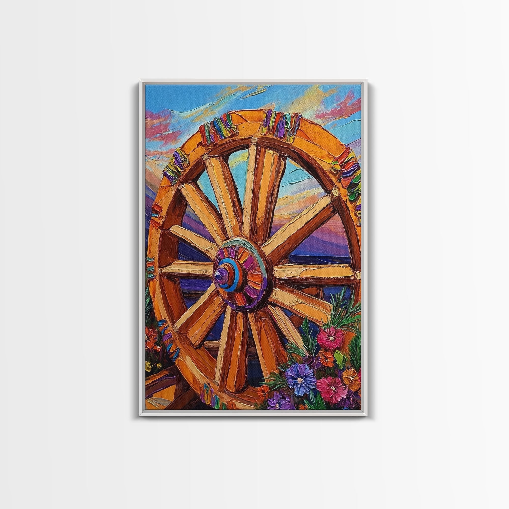 Colorful Wheel Art, Rustic Wall Decor, Western Vibes, Farmhouse Charm, Framed Canvas Print, Fall Decor, Country Living Room Wall Art
