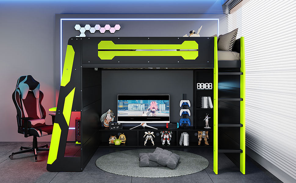 Full Size Wood Loft Bed with Desk, Multi-storage Shelves and RGB Light, Green