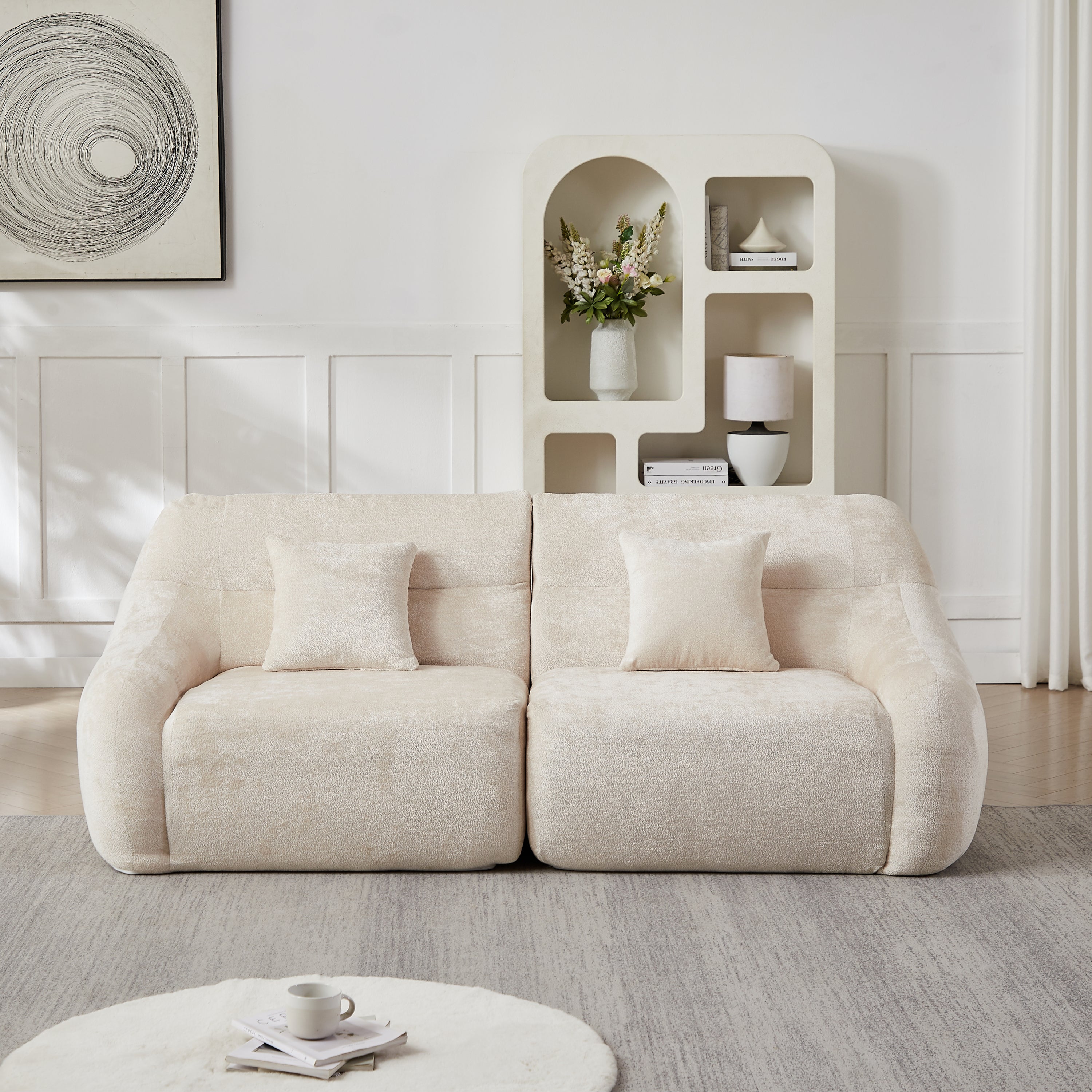 Sectional Sofa Curved Modular Chenille Beige 4 Seat 900 LB No Assembly