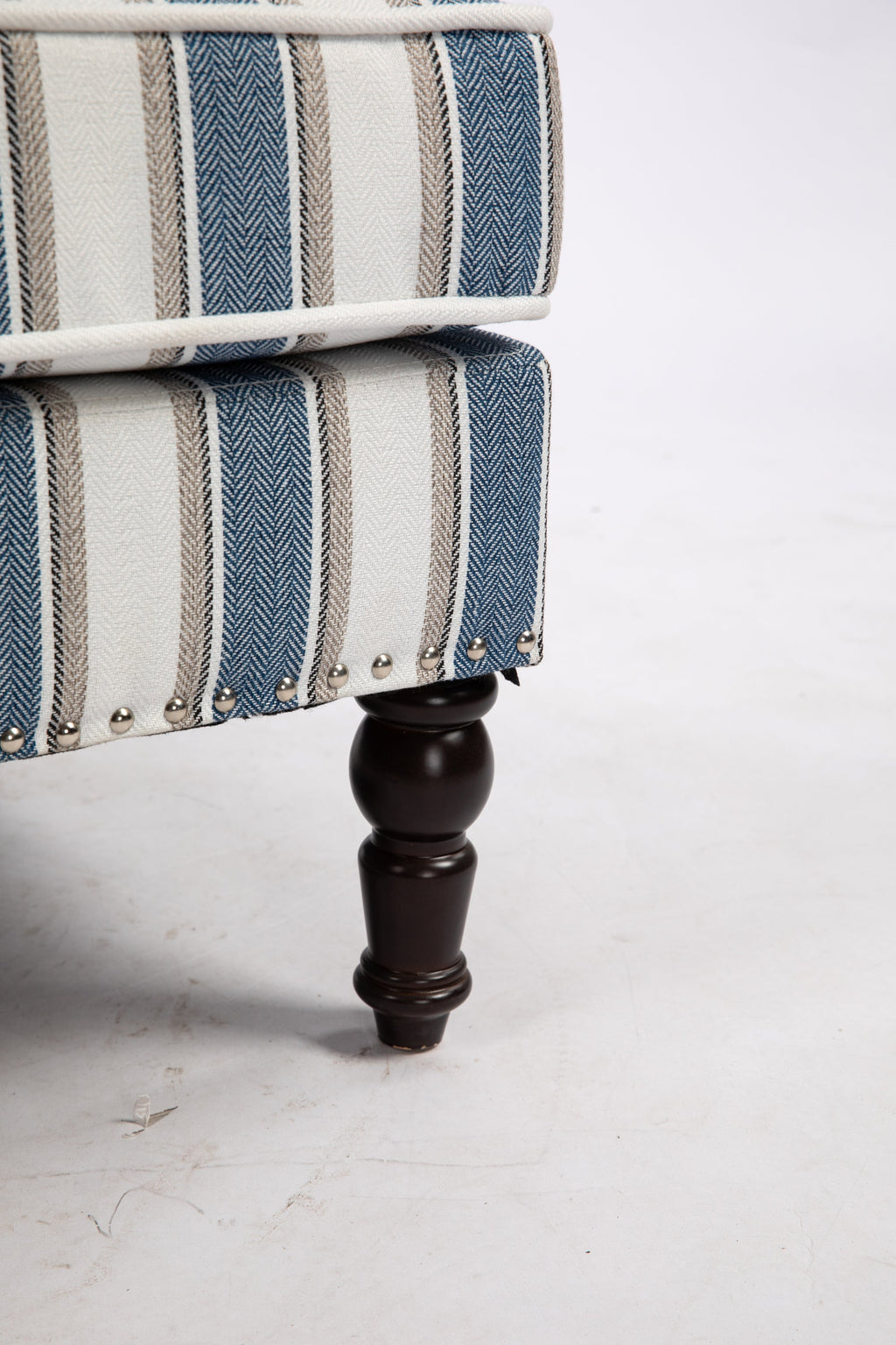 Accent Chair Vintage Striped Linen Blue White Nailhead Solid Wood Legs