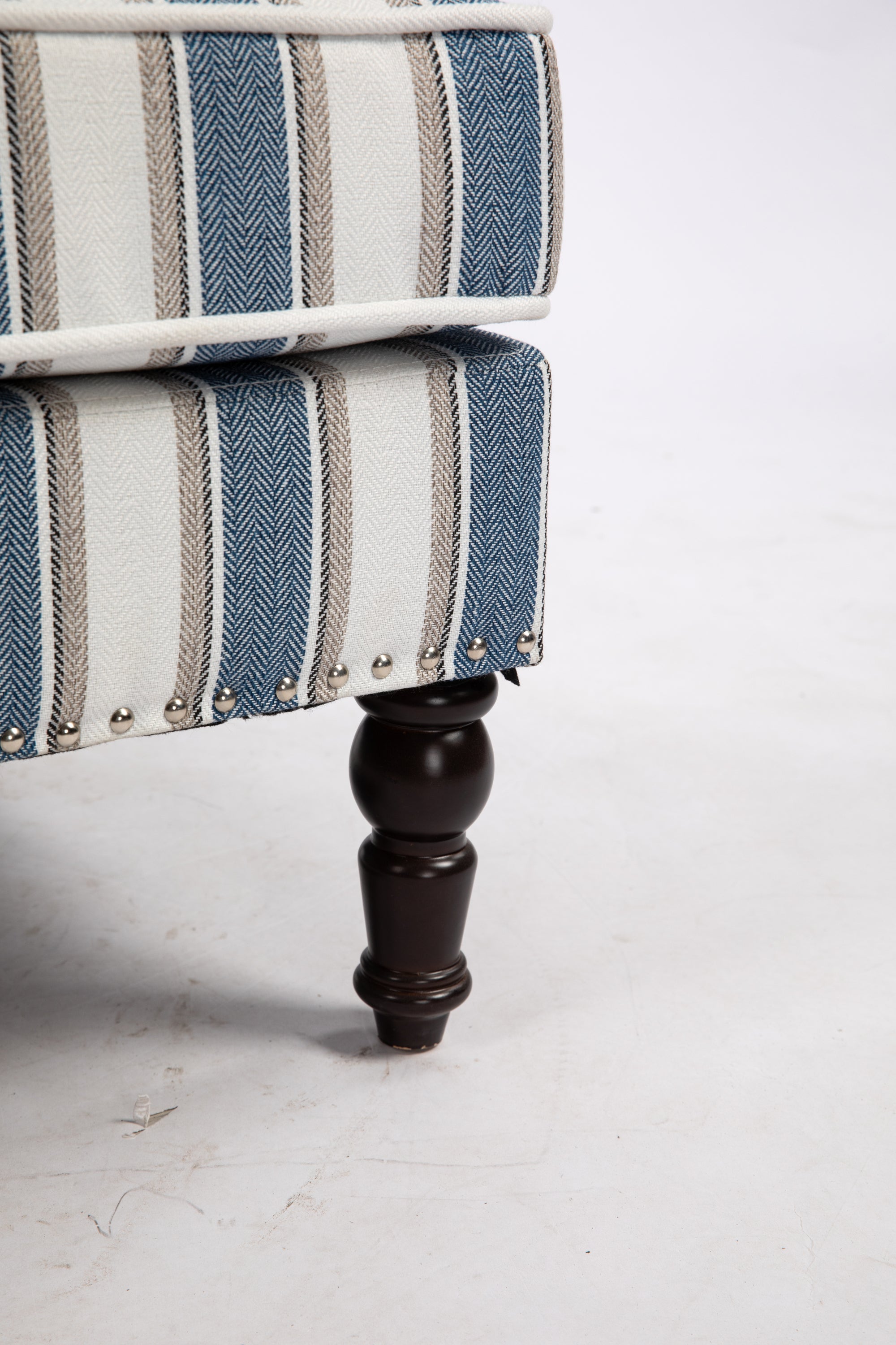 Accent Chair Vintage Striped Linen Blue White Nailhead Solid Wood Legs