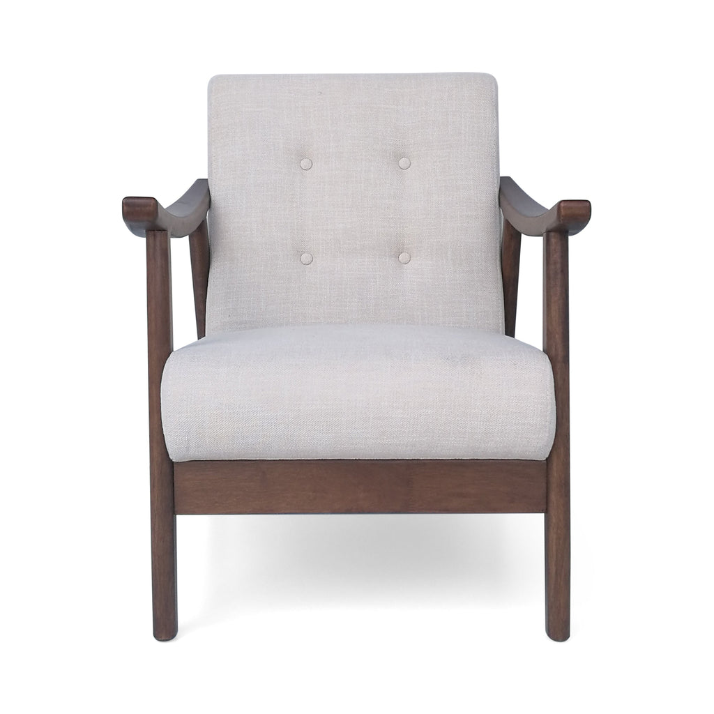 Accent Chair Mid-Century Tufted Beige Rubberwood Bent Arms 25x32x32 In