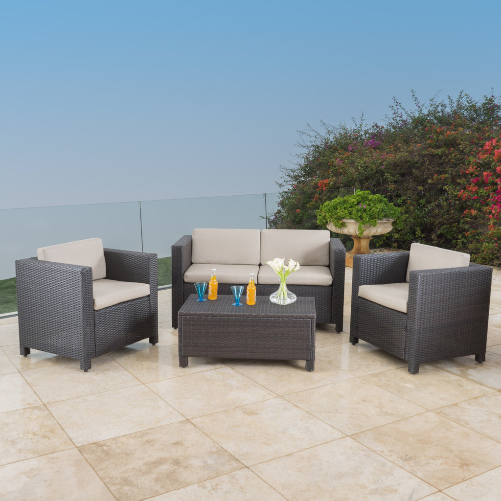 Outdoor Patio Set PE Rattan Dark Brown 4 Piece Loveseat Chairs Coffee Table
