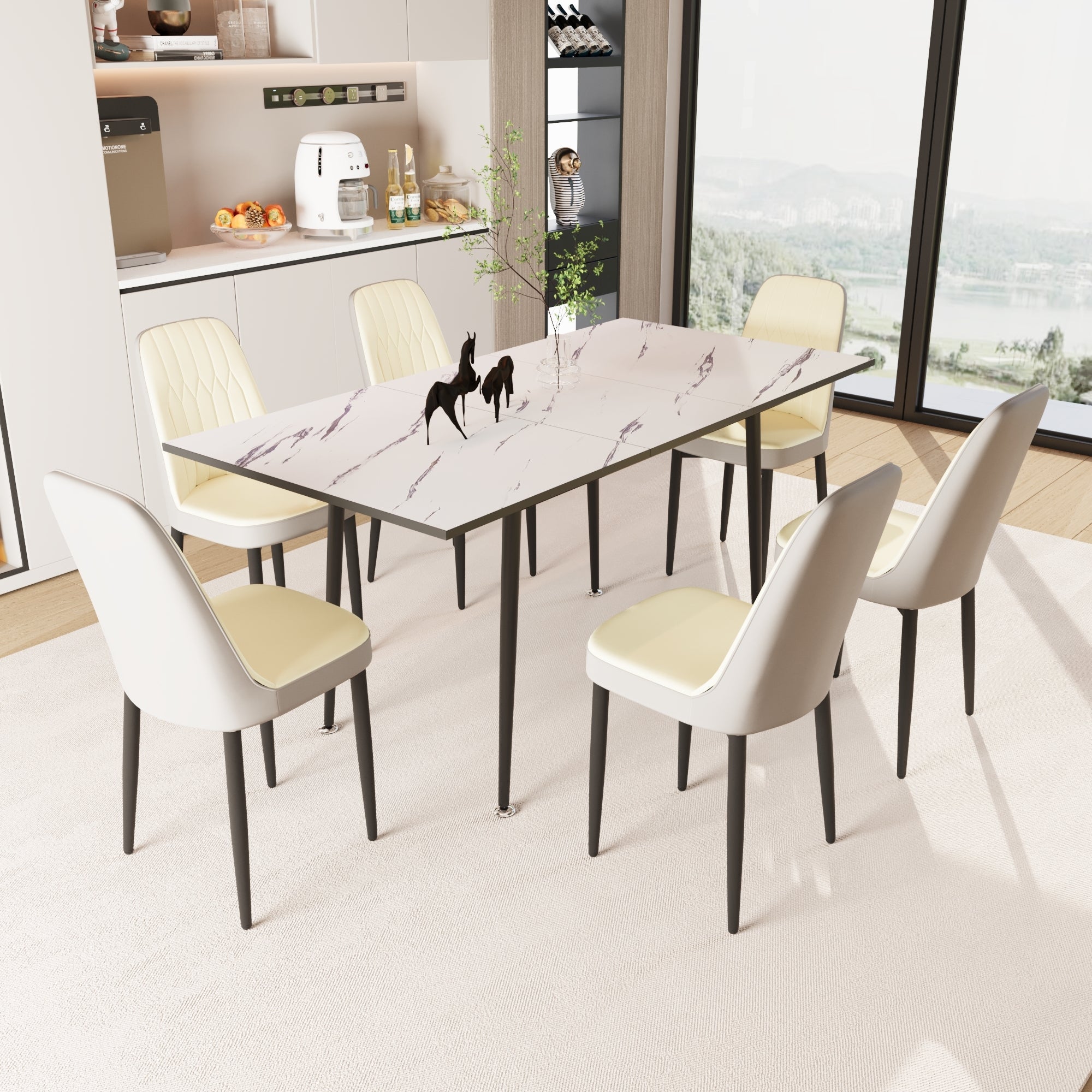 47'-63' expandable dining table set for 2-6 people, equipped with PU fabric