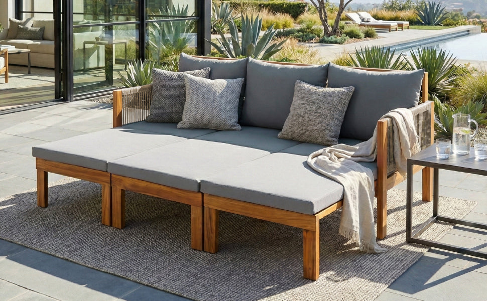 Chaise Lounge Acacia Wood Rope Natural Gray Cushion Convertible 3 Seat