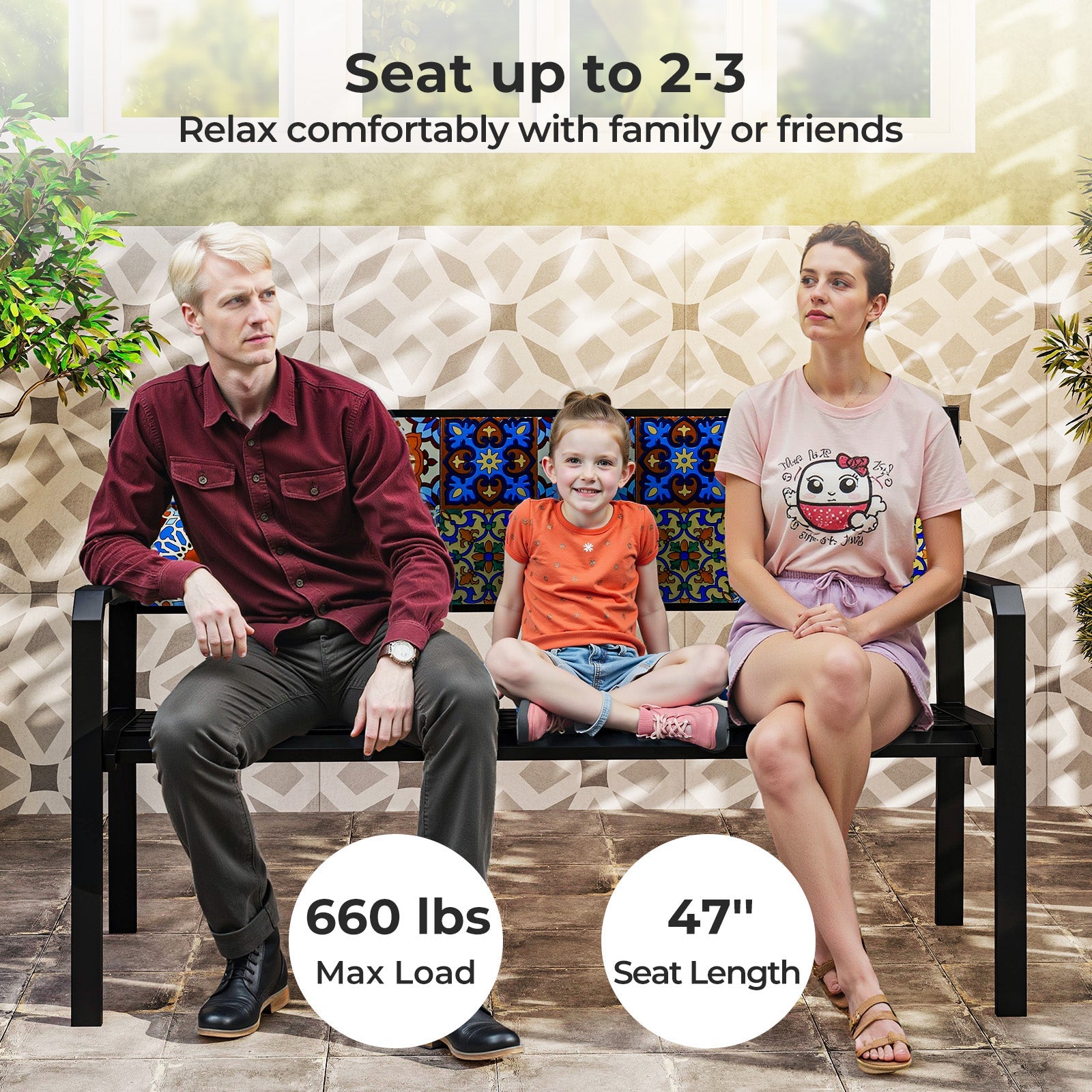 50 Inch Patio Metal Bench Slatted Loveseat for 2-3 People with Mosaic Backrest-Black