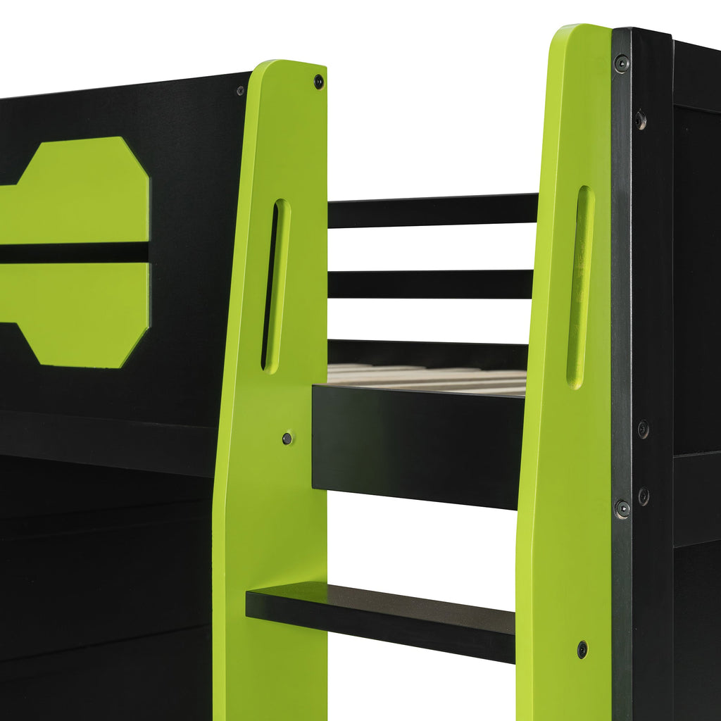 Full Size Wood Loft Bed with Desk, Multi-storage Shelves and RGB Light, Green
