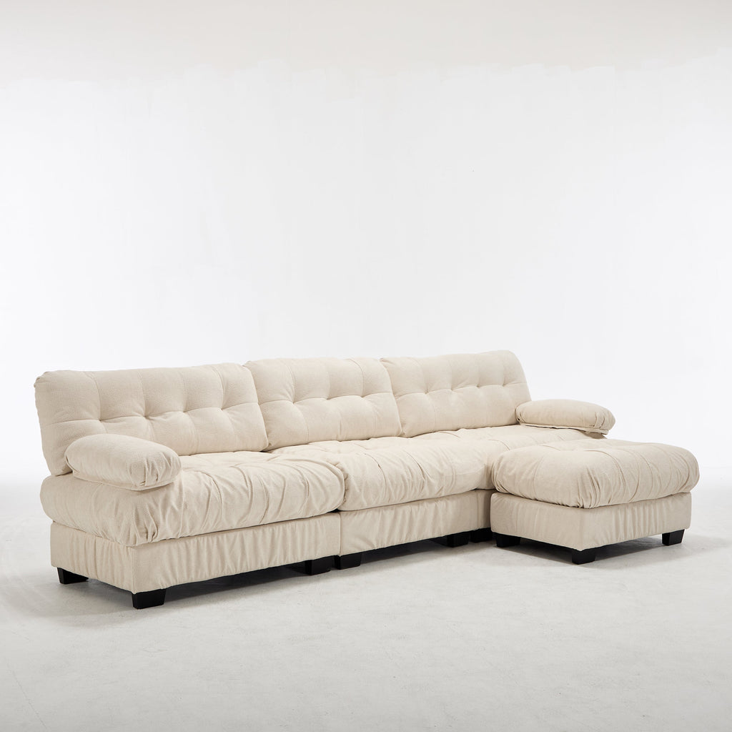 Sectional Sofa L-Shape Flannelette Beige 4 Seat Ottoman 123 In Deep Seat