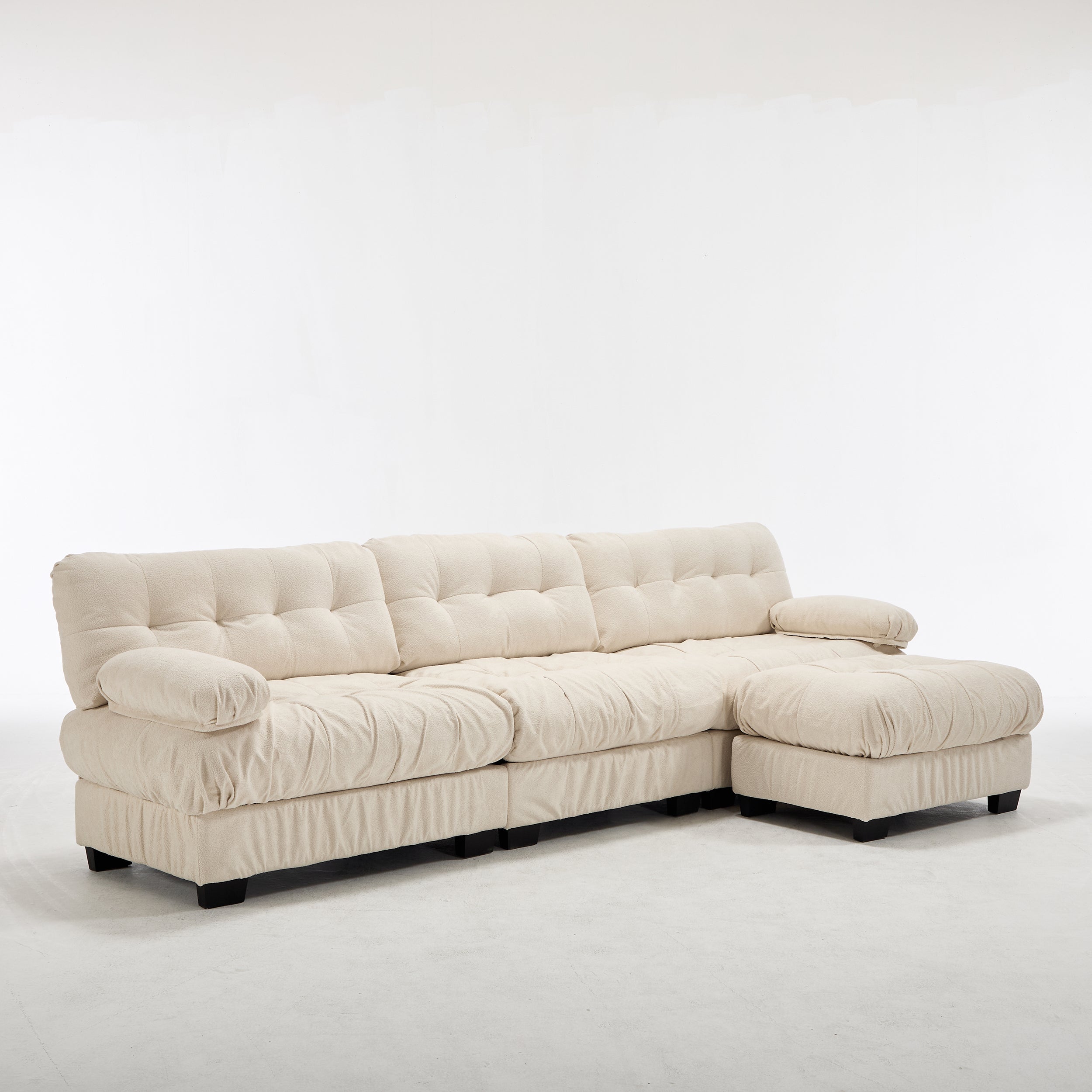 Sectional Sofa L-Shape Flannelette Beige 4 Seat Ottoman 123 In Deep Seat