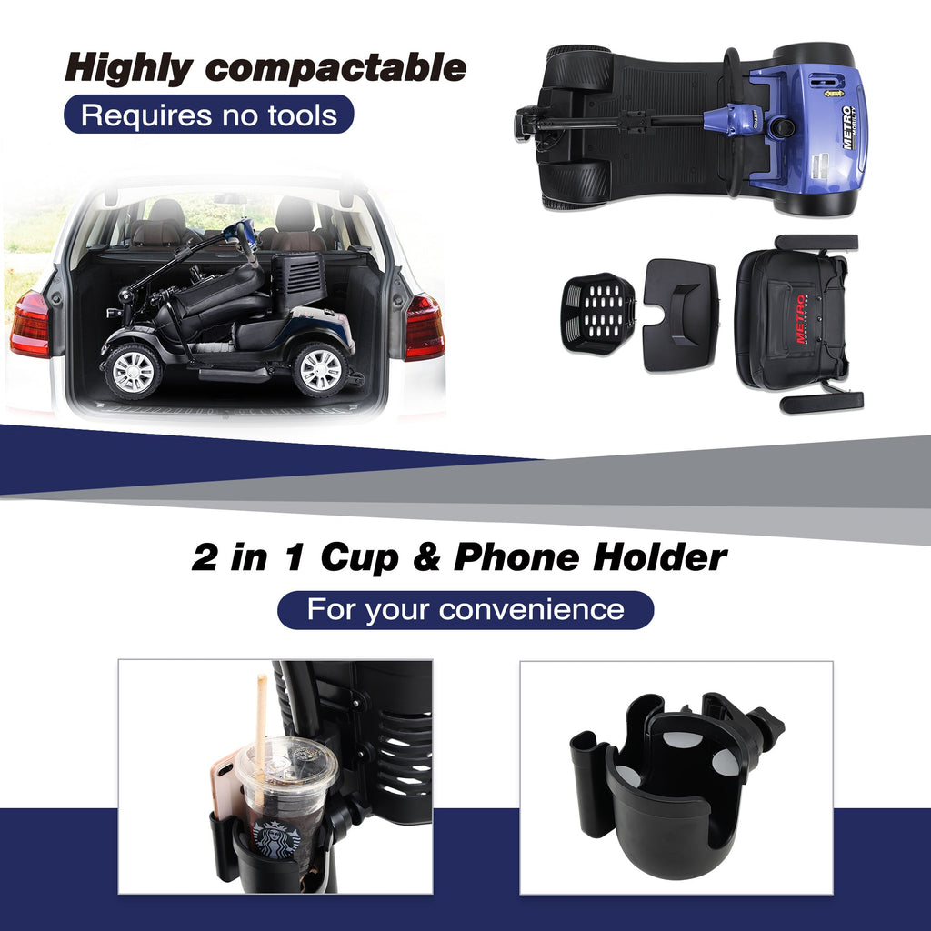 Mobility Scooter 4-Wheel Metal Blue 300 LB 10 Mile Basket Cup Holder 5 mph