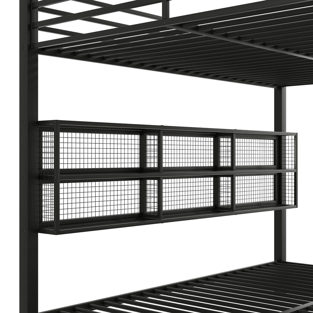 Queen Over Queen Bunk Bed With Storage Cabinets And LED Sturdy Frame, 6 Storage Units, Adjustable LED Lights - Black