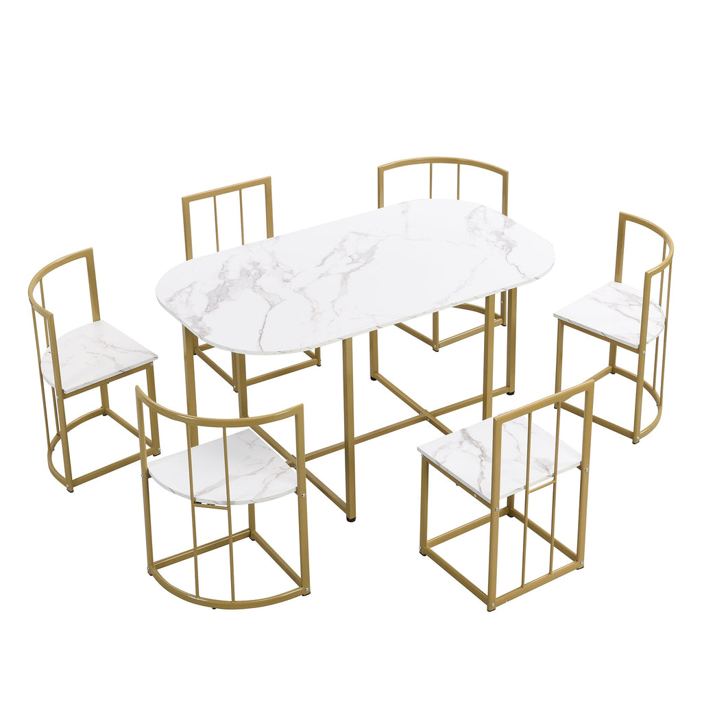 Modern 7-Piece Dining Table Set with Faux Marble Compact 55 In Kitchen Table Set for 6