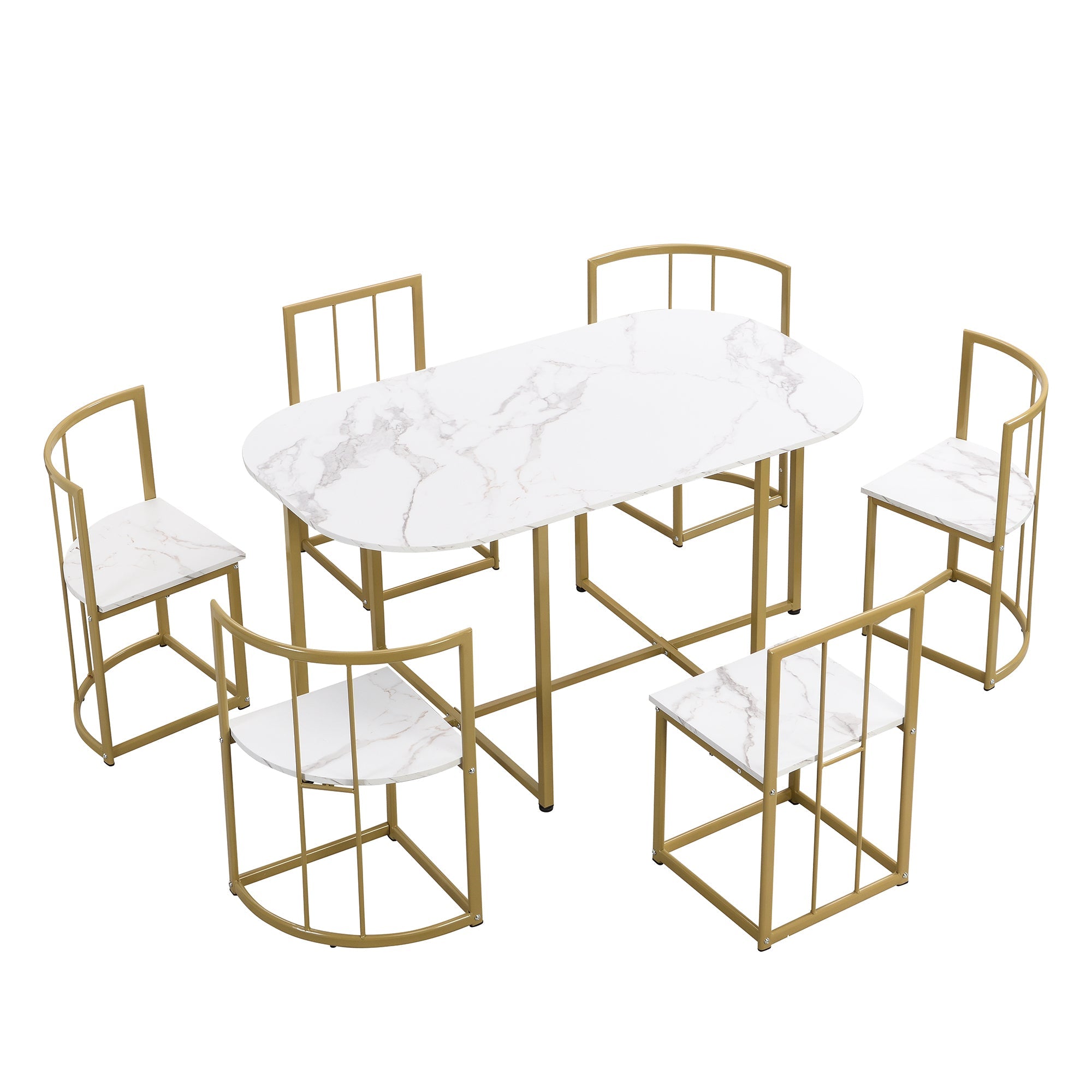 Modern 7-Piece Dining Table Set with Faux Marble Compact 55 In Kitchen Table Set for 6