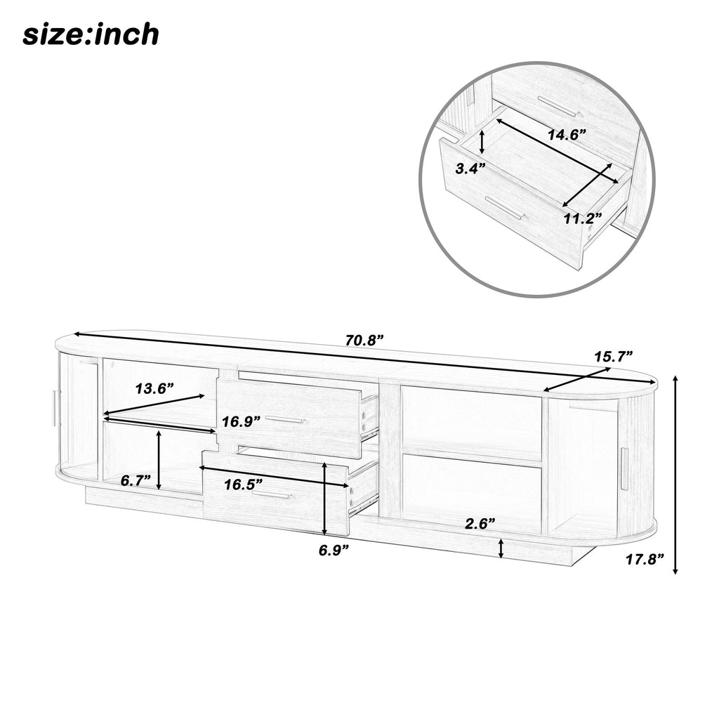 TV Stand American Style Acacia MDF Sliding Door Rounded Corners Fits 75 In TV