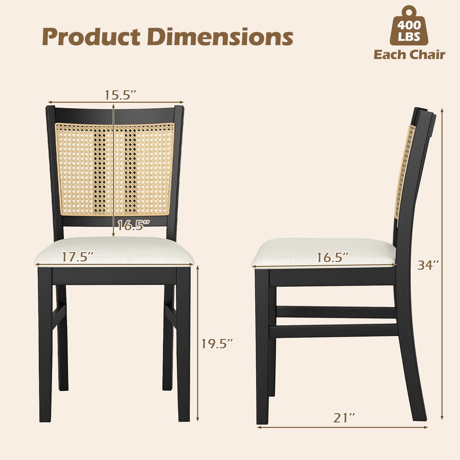 Farmhouse Rattan Dining Chair Set of 2 with Rubber Wood Legs and Cane Back-Beige