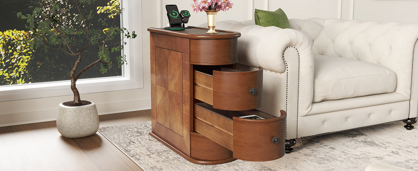 End Table Charging Station 2 AC 2 USB Ports 2 Drawers Arc Design Walnut 23.6 In