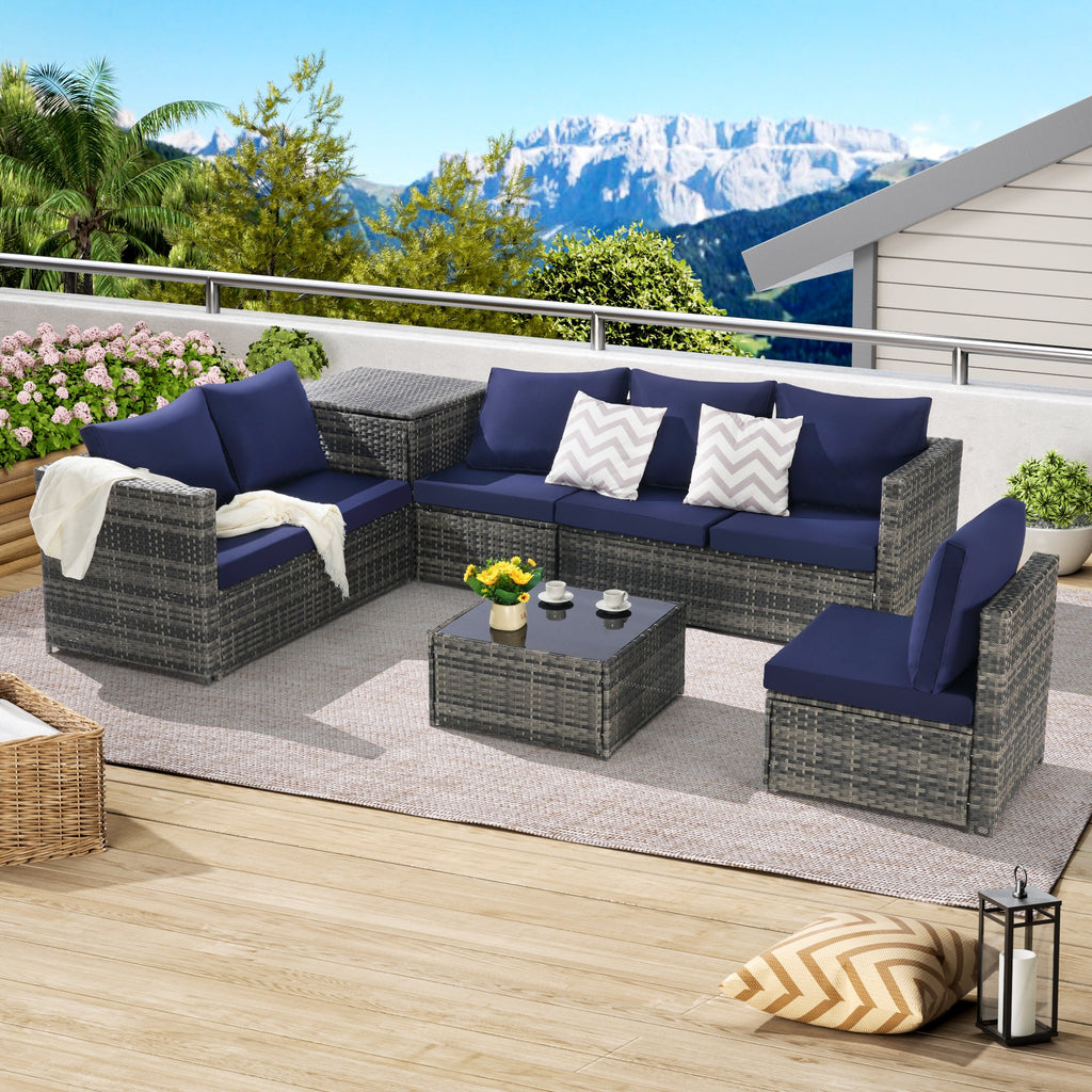 Outdoor Sectional Set PE Rattan Steel Dark Blue L-Shape 6 Piece Seats 8
