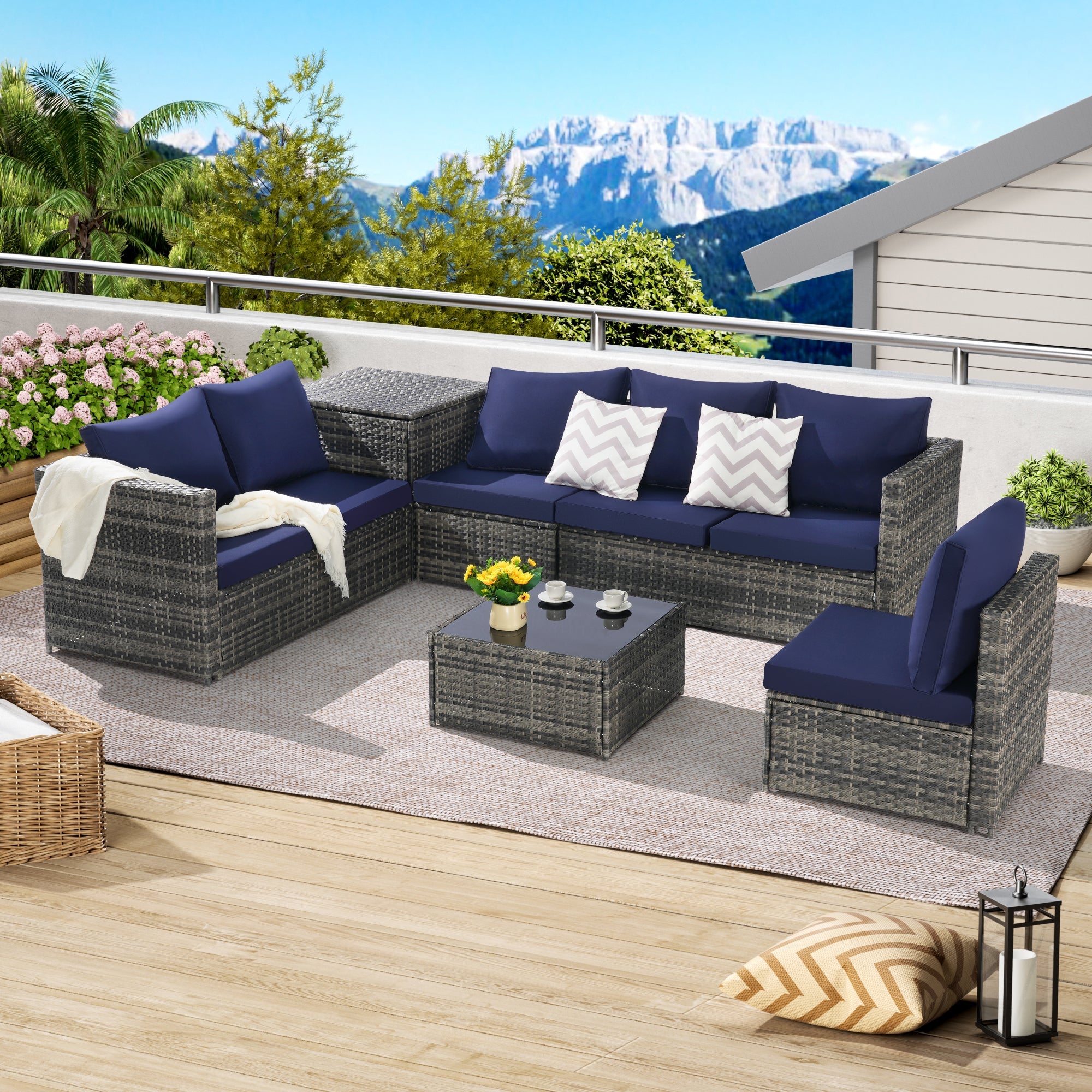 Outdoor Sectional Set PE Rattan Steel Dark Blue L-Shape 6 Piece Seats 8