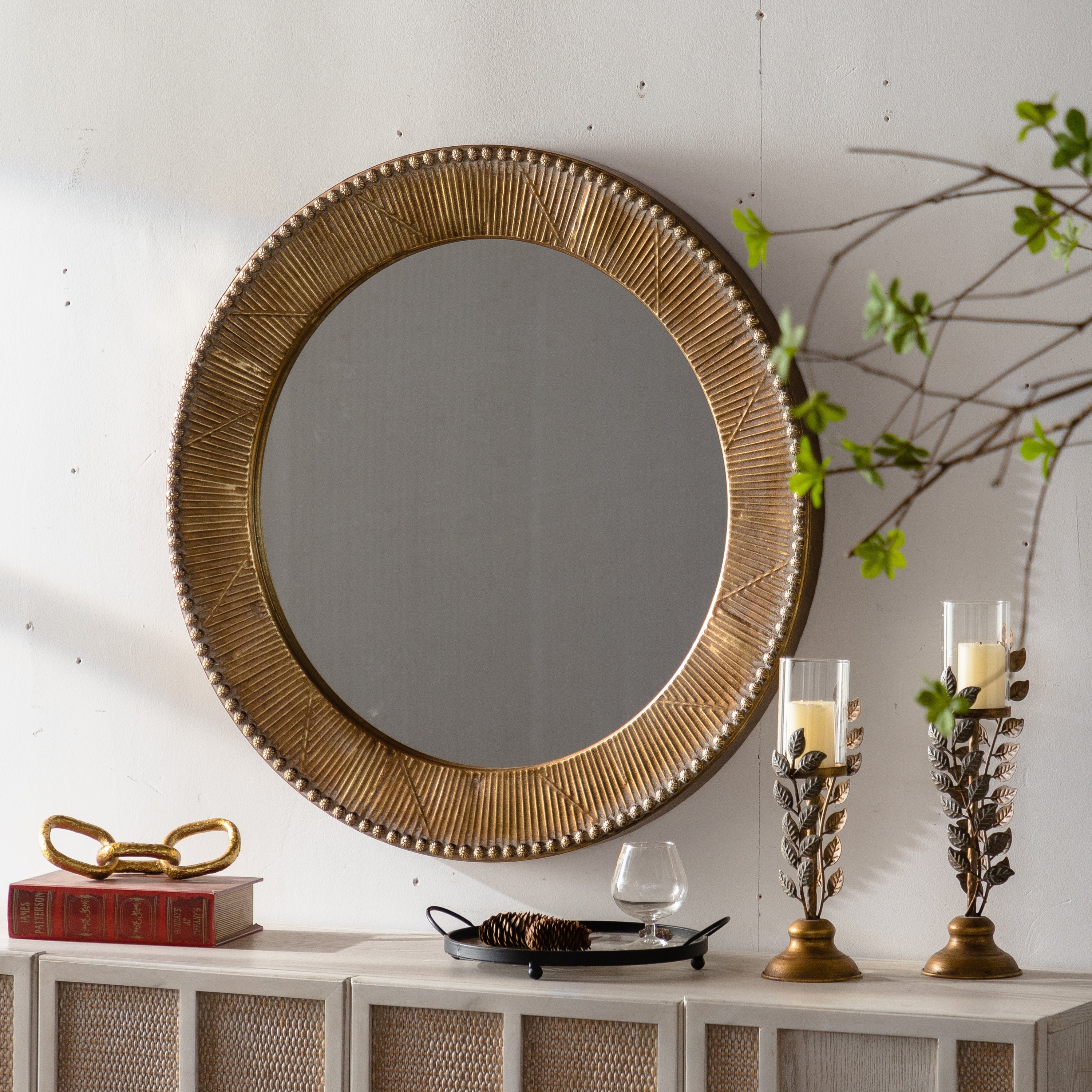 Wall Mirror Round Gold Textured Iron Frame Boho Vintage 31.3 In