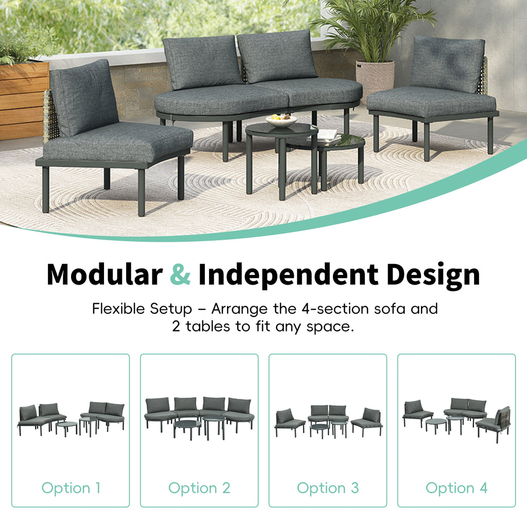Outdoor Sectional Set PE Wicker Aluminum Gray Half Moon 6 Piece 300 LB