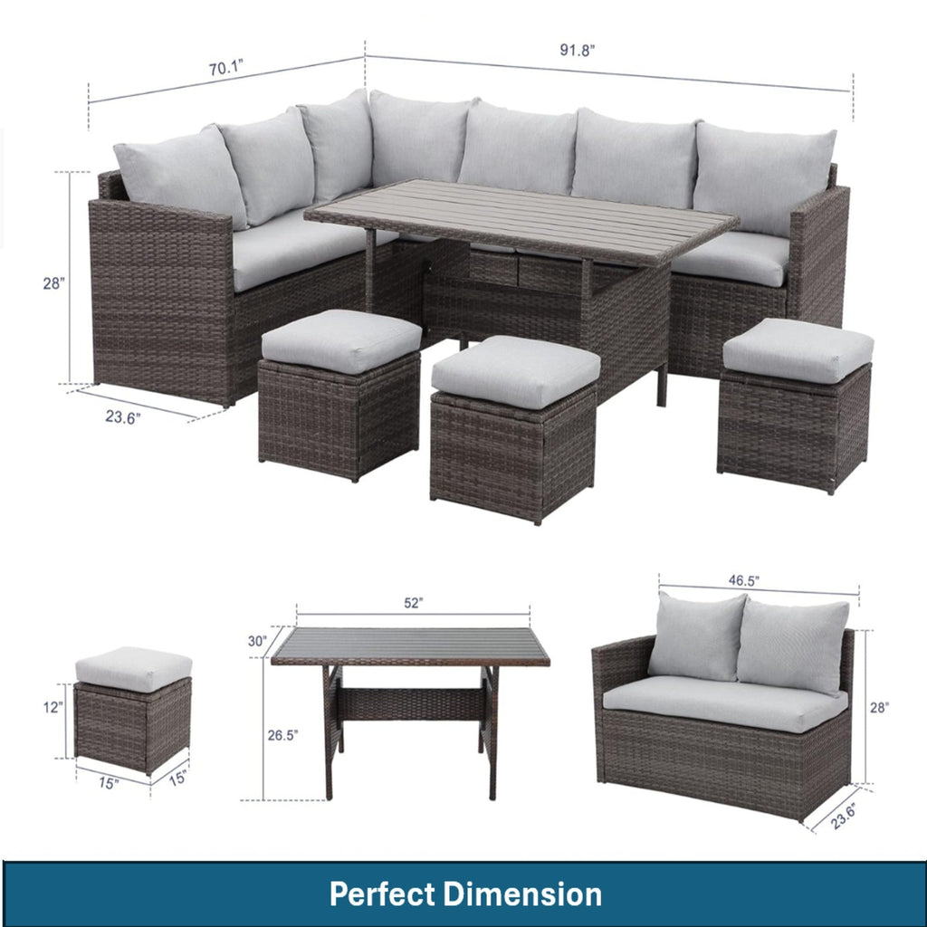 Outdoor Sectional Set PE Rattan Steel Gray Cushion 7 Piece Seats 8