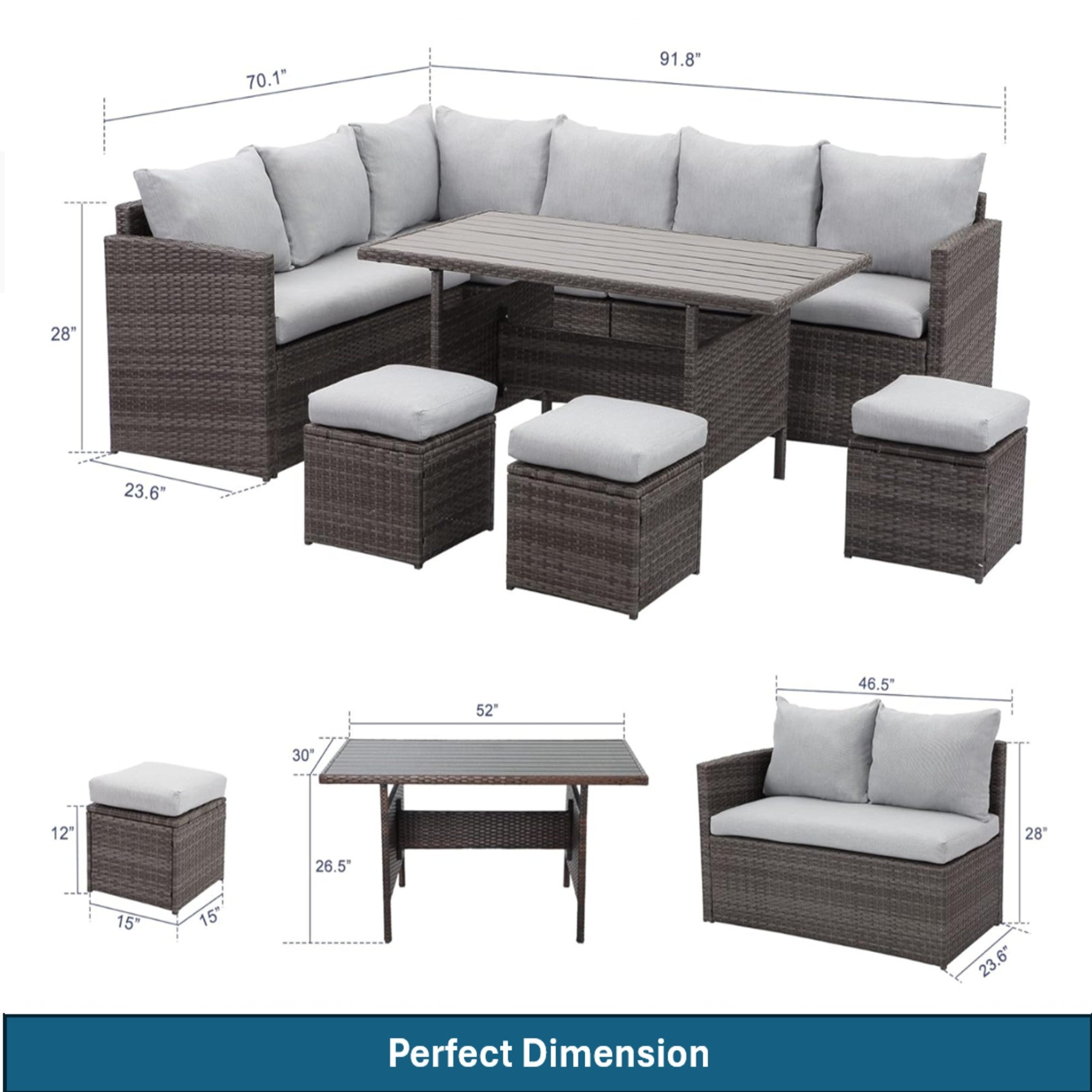 Outdoor Sectional Set PE Rattan Steel Gray Cushion 7 Piece Seats 8
