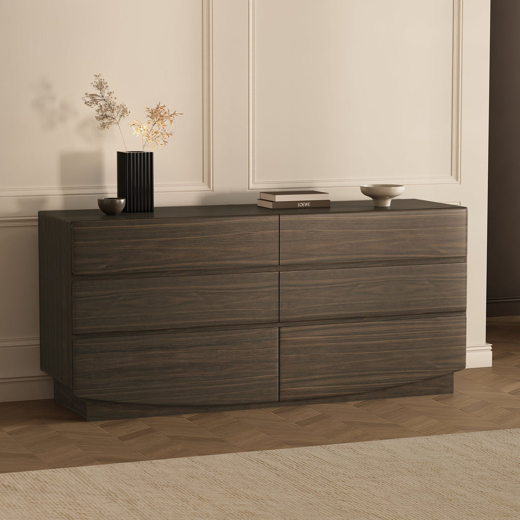 Dresser Minimalist 6-Drawer Walnut MDF Handleless Wood Grain 72x20 In