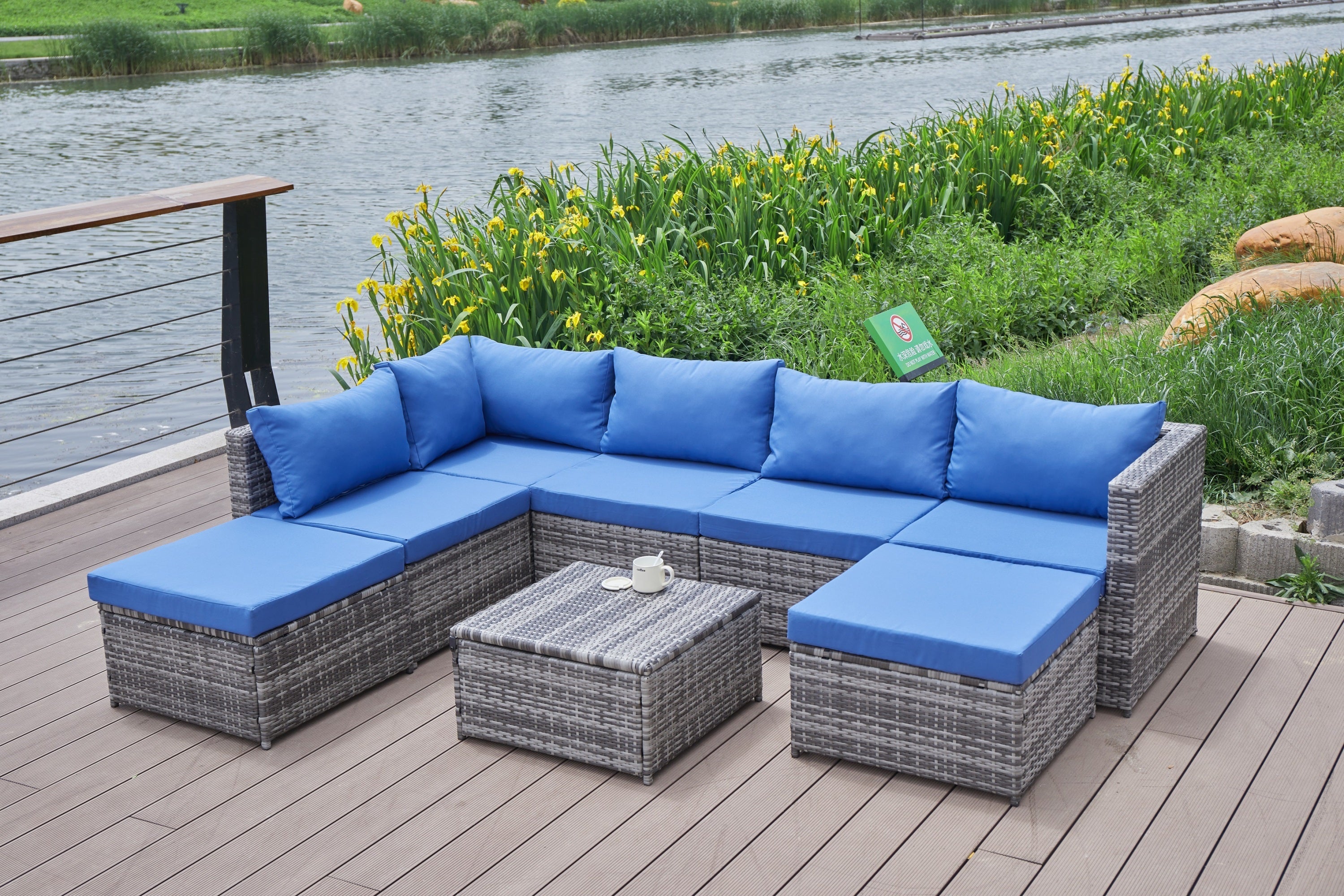 Outdoor Patio Sofa Set PE Rattan Blue Gray All Weather Steel Frame