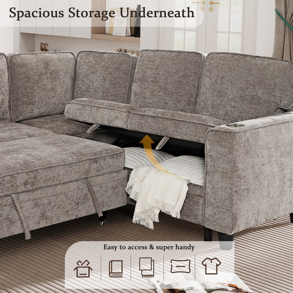 Sectional Sofa L-Shape Chenille Brown 5 Seat USB Ports Pull-Out 81 In