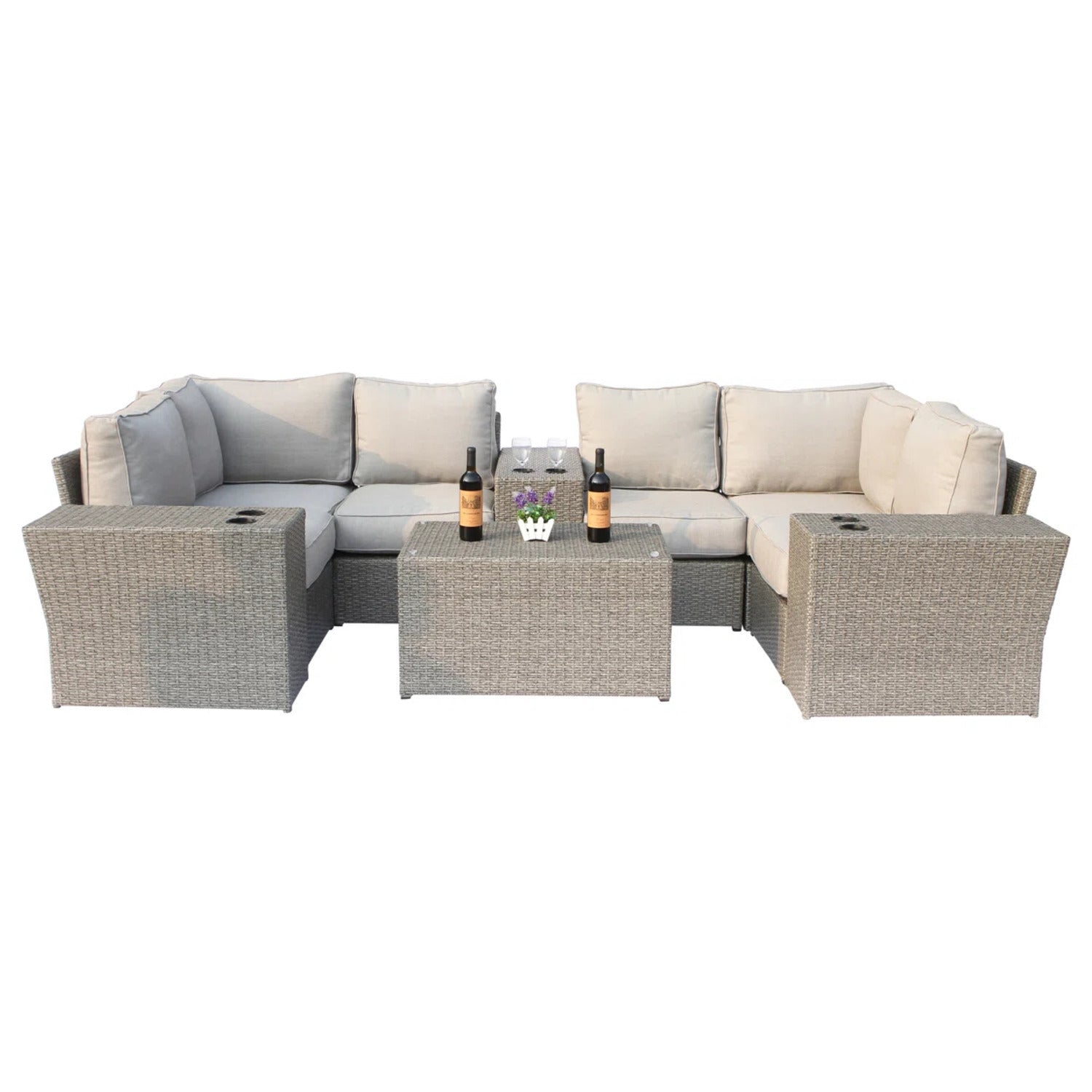 Outdoor Sectional Set HDPE Wicker Aluminum Gray 10 Piece 135 x 74 In