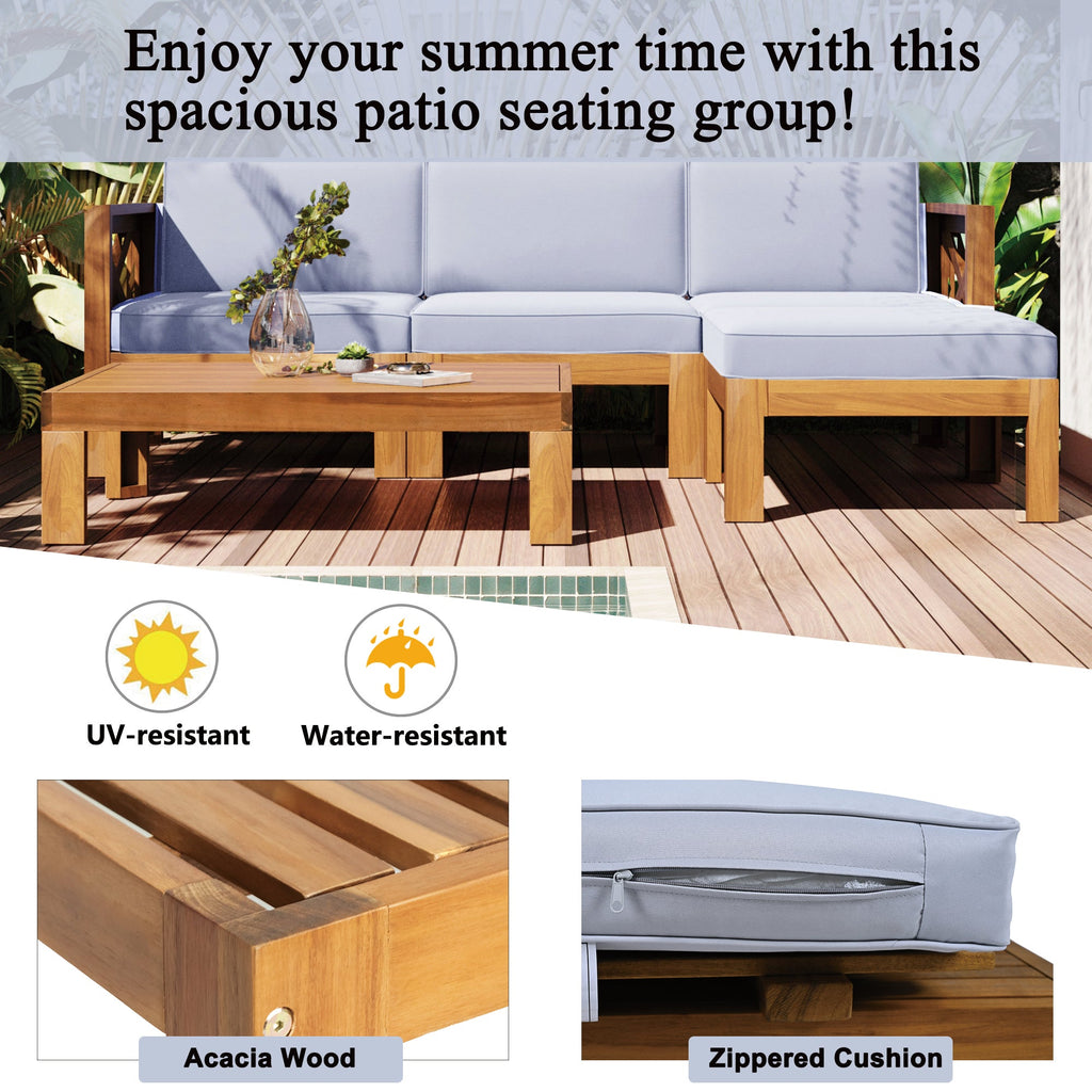 Outdoor Patio Sectional Set Acacia Wood Gray Cushions 5 Piece X-Back