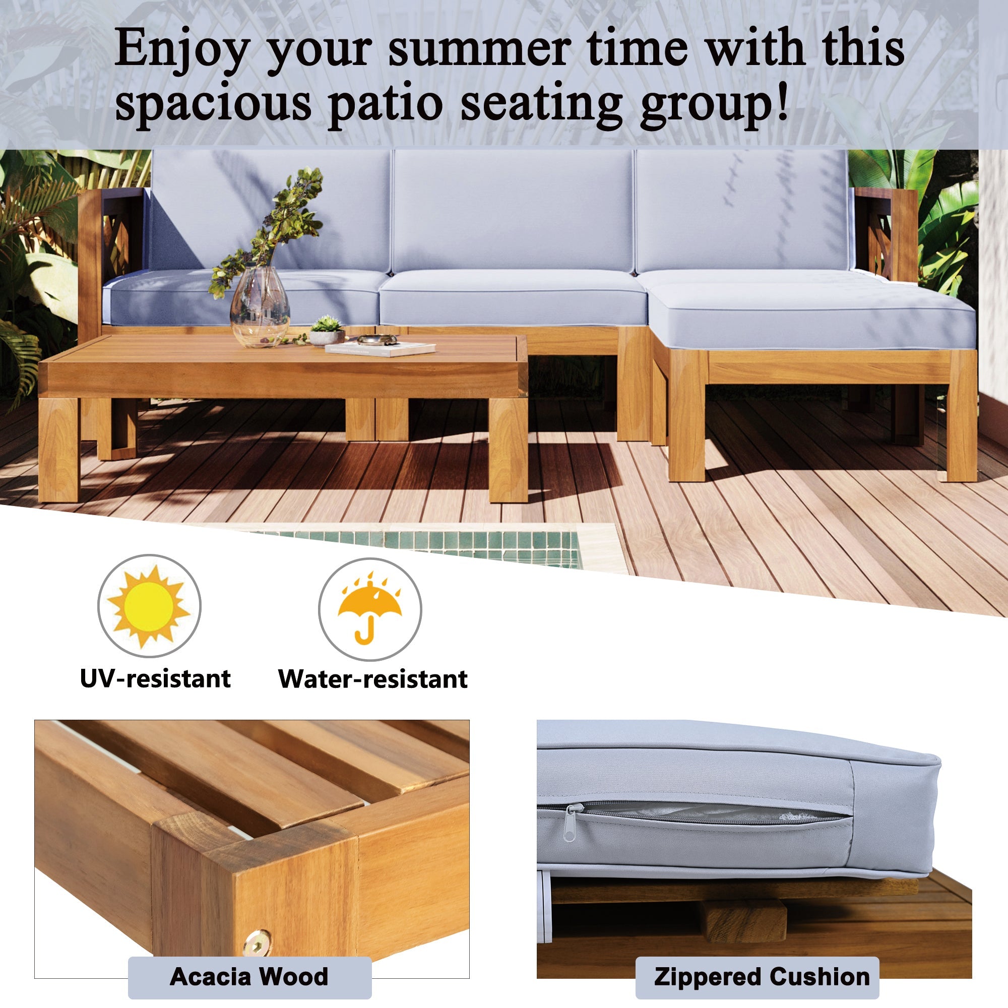 Outdoor Patio Sectional Set Acacia Wood Gray Cushions 5 Piece X-Back