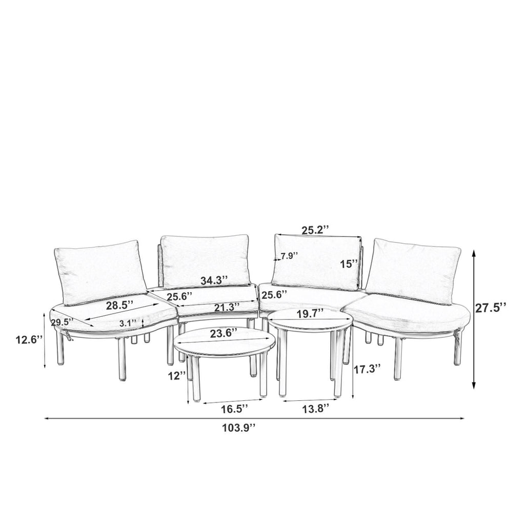 Outdoor Sectional Set PE Wicker Aluminum Gray Half Moon 6 Piece 300 LB