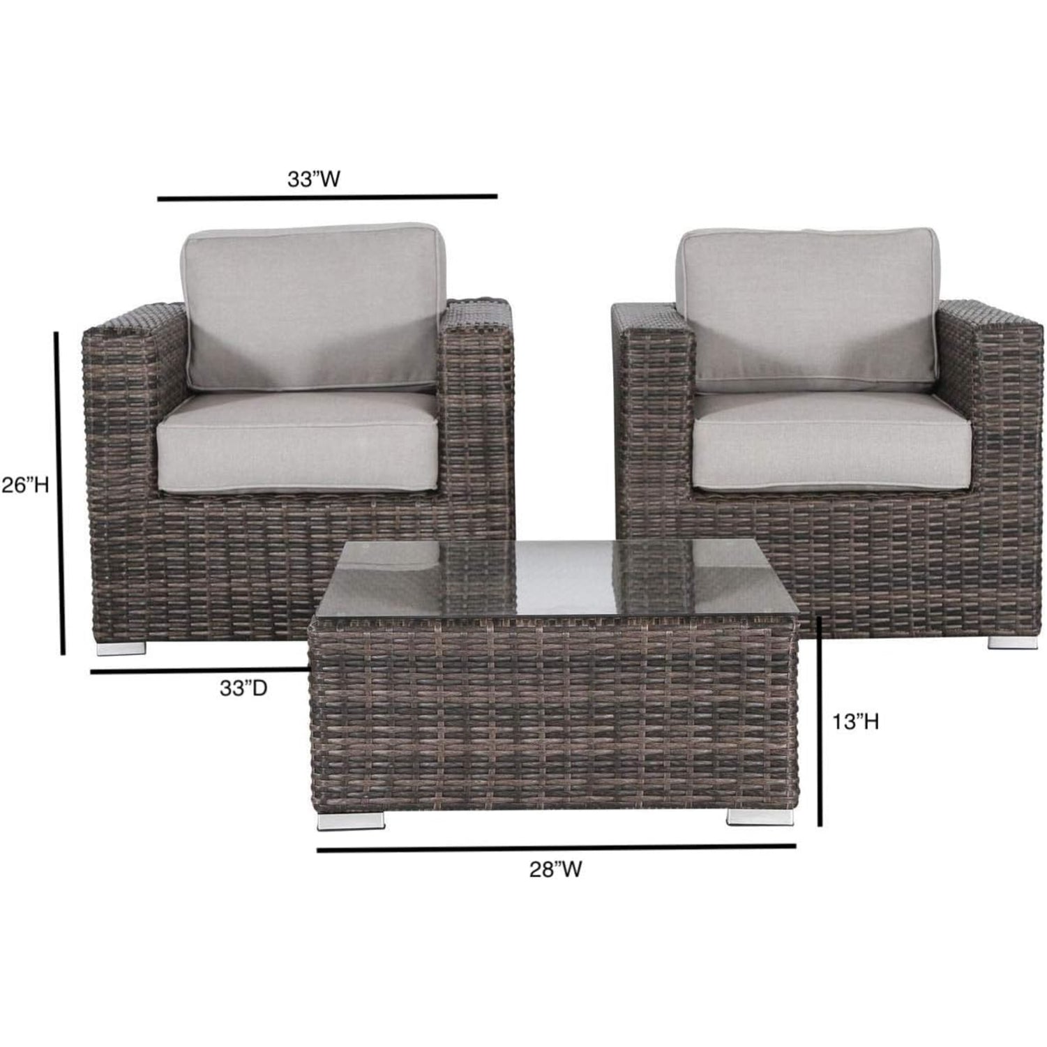 Outdoor Sofa Set Wicker Rattan Aluminum Gray 3 Piece Assembled