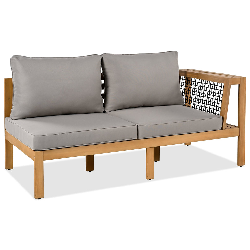 Outdoor Sofa Set Acacia Wood Rope Gray Cushion 4 Piece L-Shape Seats 6