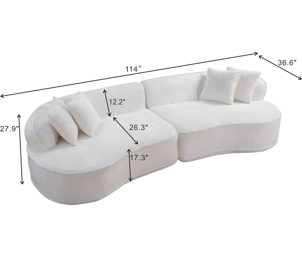 Sofa Curved L-Shape Boucle White 4 Seat 114 In No Assembly